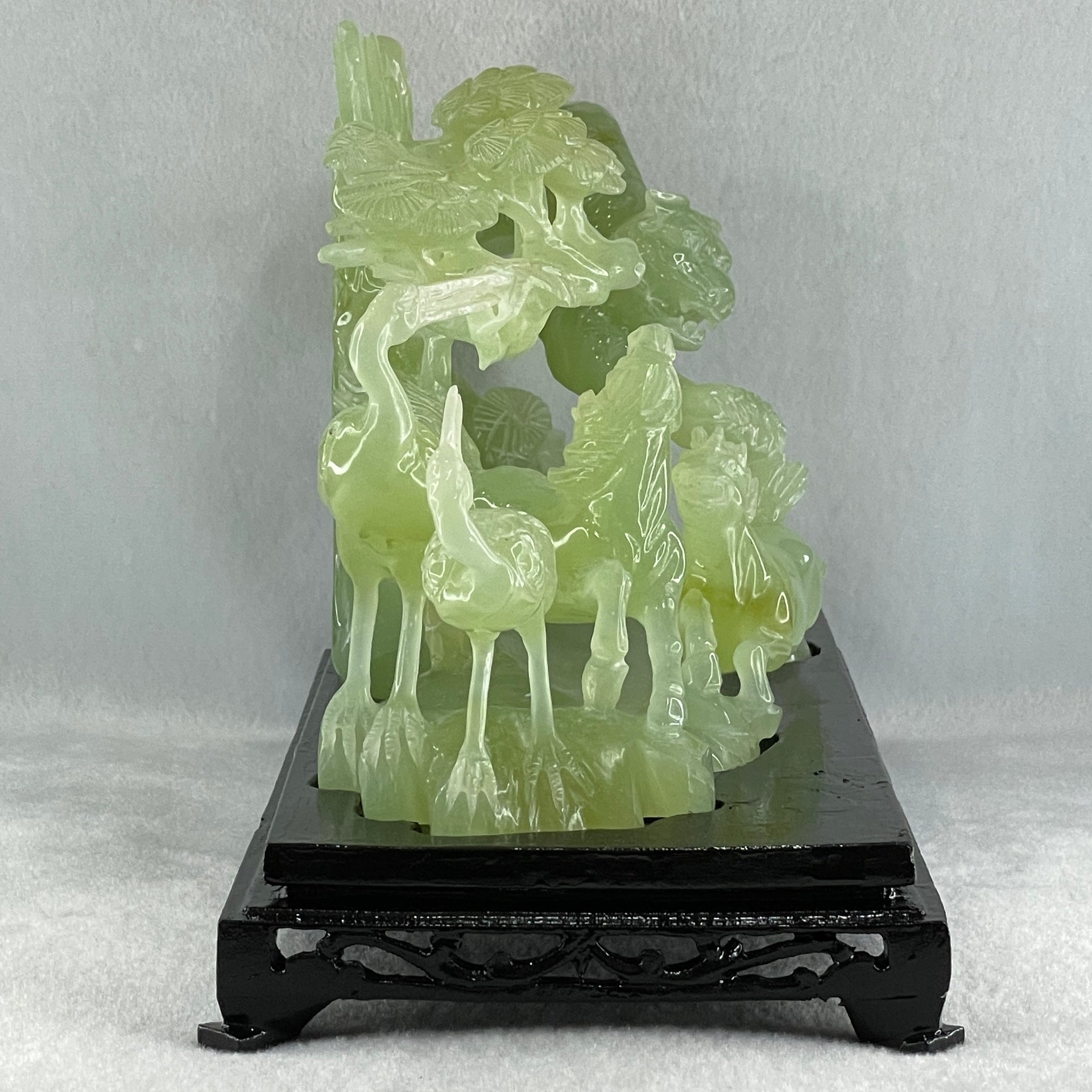 Natural Jelly Green Serpentine Tiger with Double Horse and Twin Flamingo on Shan Shui with Wooden Stand Display 2,362.7g 295.0 by 148.0 by 206.0mm - Huangs Jadeite and Jewelry Pte Ltd