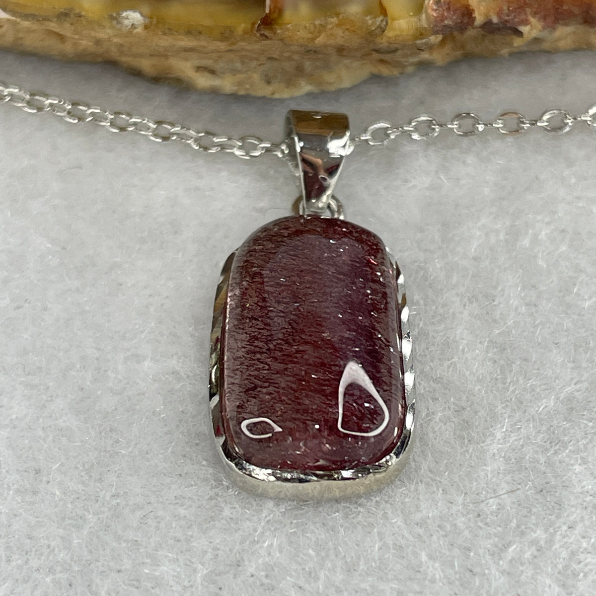 Very Good Grade Natural Strawberry Quartz Super 7 Crystal Rectangular Pendant | S925 Sterling Silver Clasp Necklace (3.18g | 38–44cm Adjustable Length | 14.8 × 8.7 × 4.8mm)