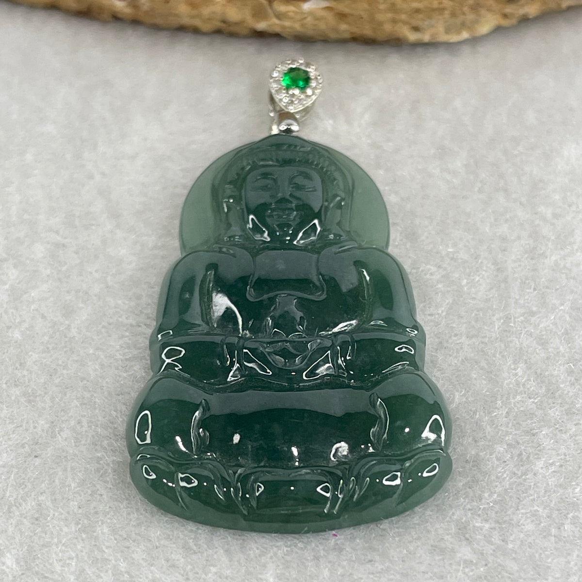 Natural Type A Icy Blueish Green Jadeite Amitabha Buddha Pendant in S925 Silver | (8.38g | 45.2 x 26.6 x 4.0mm | Infinite Light, Compassion & Lifelong Protection Anchor, Feng Shui Guardian & Executive Peace Pendant) - Huangs Jadeite and Jewelry Pte Ltd
