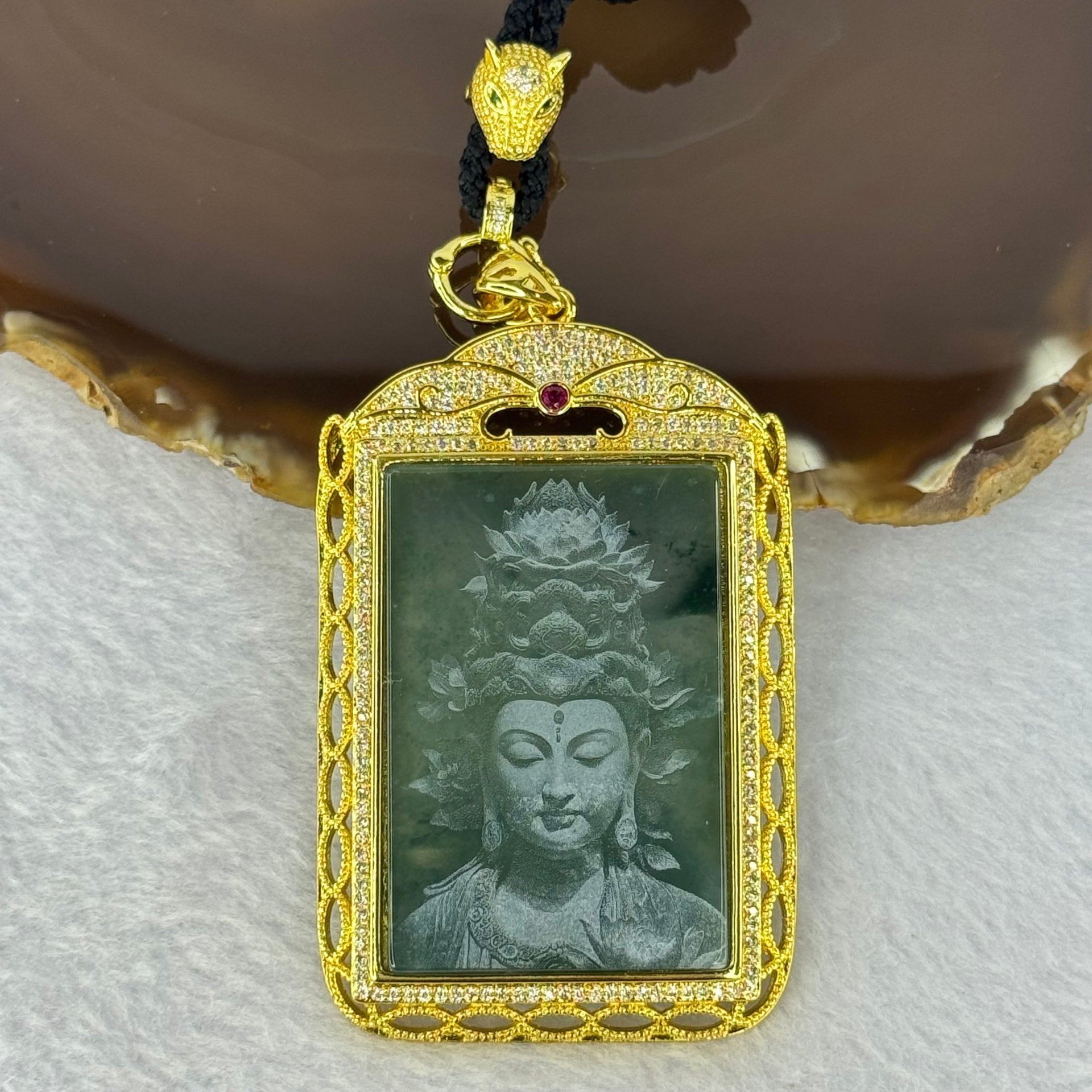 Type A Blueish Green Jadeite Guan Yin S925 Silver Pendent Necklace 30.47g 46.0 by 30.0 by 2.0mm - Huangs Jadeite and Jewelry Pte Ltd