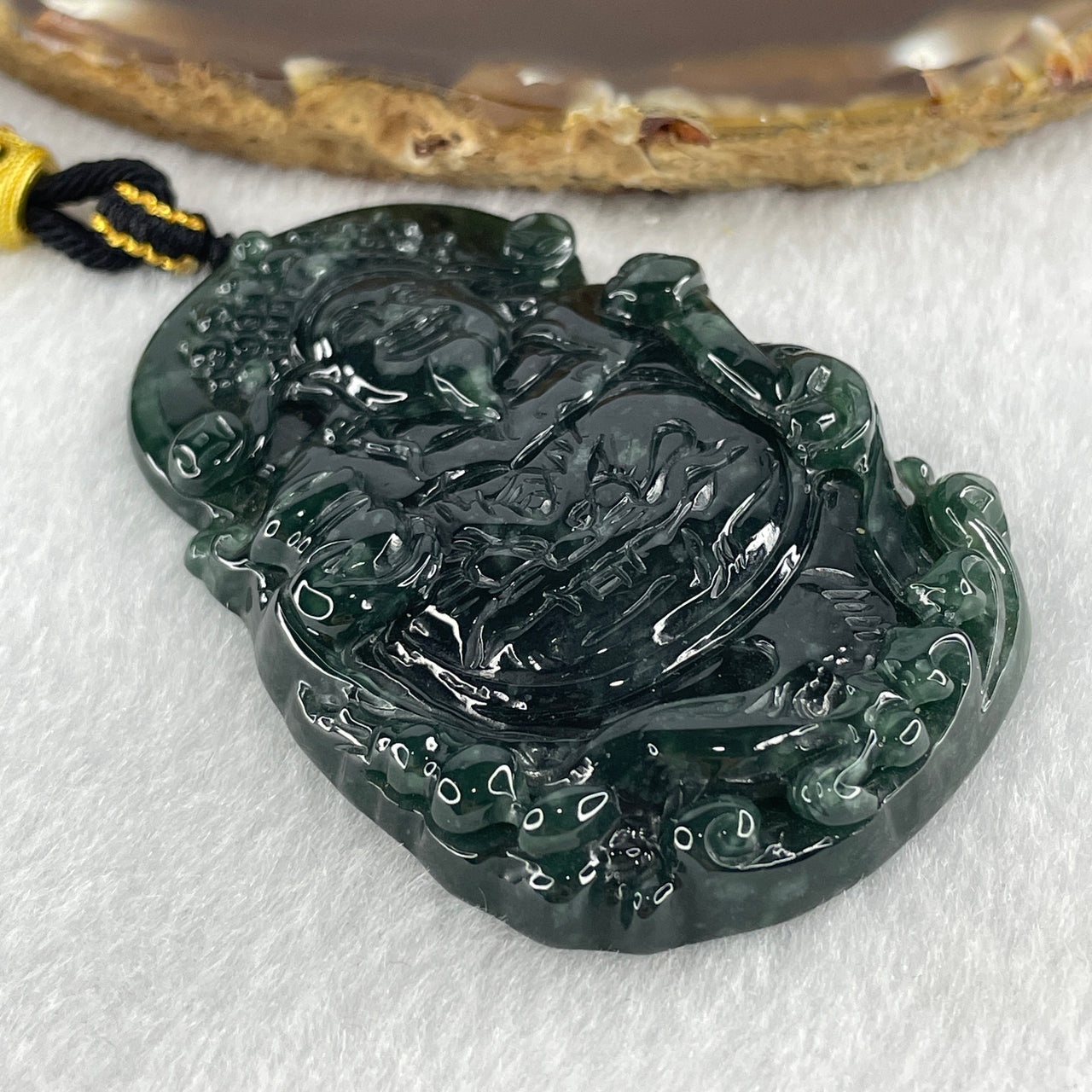 Natural Type A Dark Blueish Green Jadeite Cai Shen Ye God of Fortune Pendant 45.15g 62.2 by 41.7 by 8.4mm