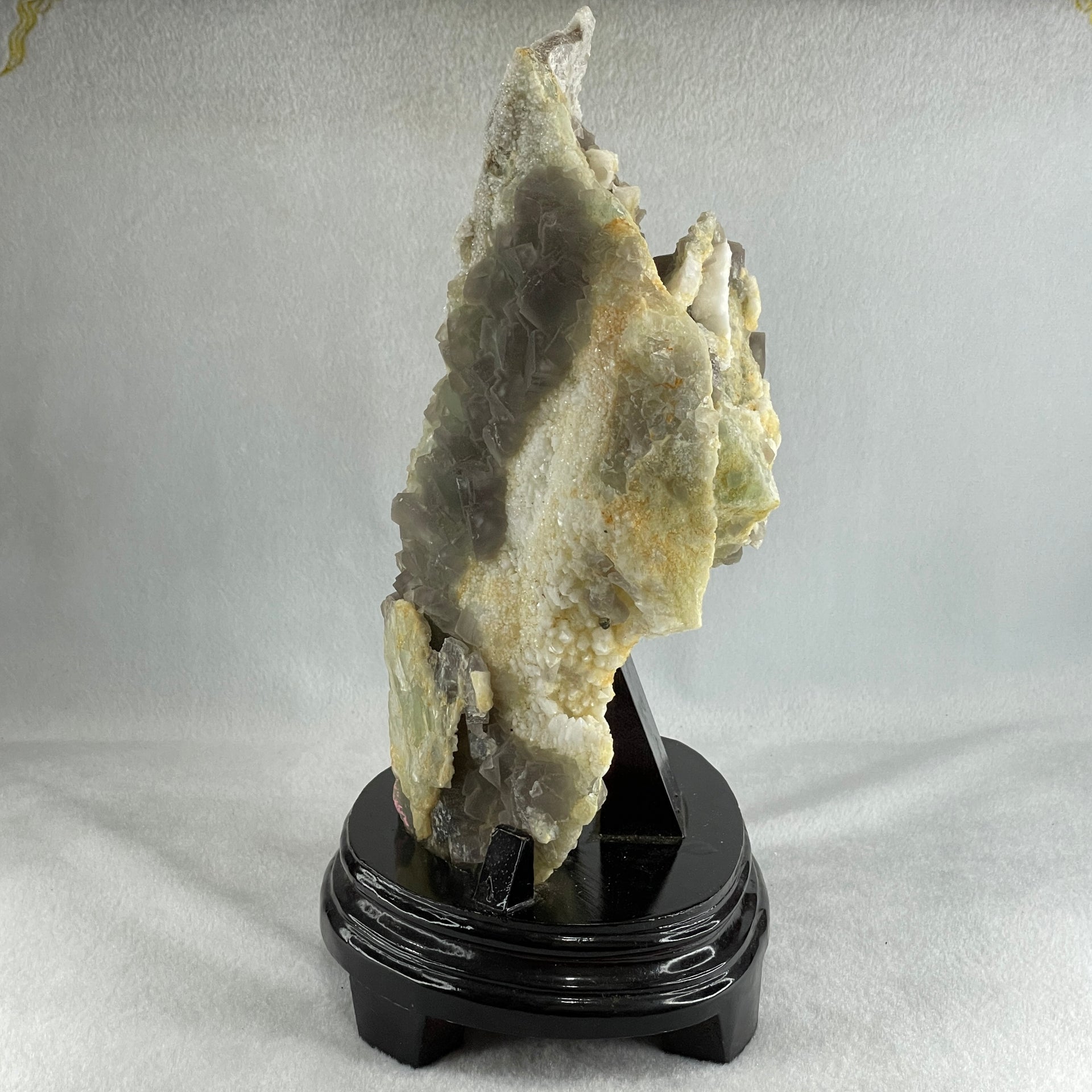 Natural Green Fluorite with White Quartz Rough with Wooden Stand Display 3,402.1g 165.0 by 136.0 by 285.0g - Huangs Jadeite and Jewelry Pte Ltd
