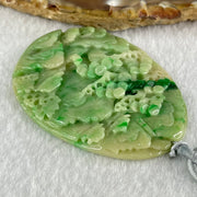 Type A Green with Yellow Spicy Green Piao Hua and Light Brown Patches Jadeite Double Sided Shan Shui with Gui Ren Benefactor Pendant 30.43g 54.0 by 40.8 by 8.4mm - Huangs Jadeite and Jewelry Pte Ltd