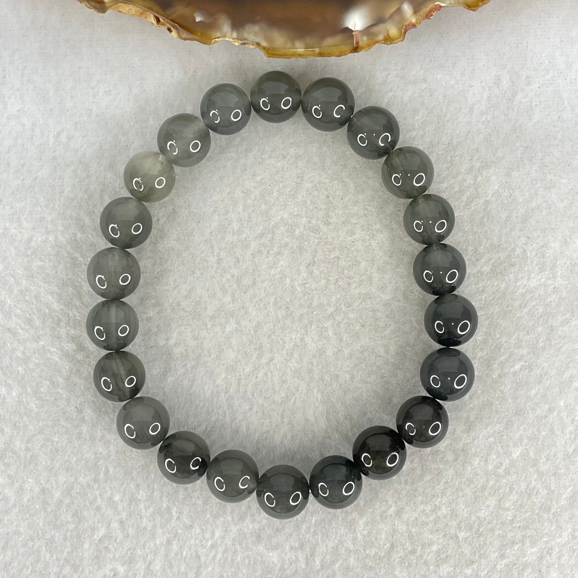 Good Grade Natural  Grey Rabbit Hair Rutilated Quartz Beads Bracelet 23.51g 16.5cm 9.4mm 22 Beads - Huangs Jadeite and Jewelry Pte Ltd