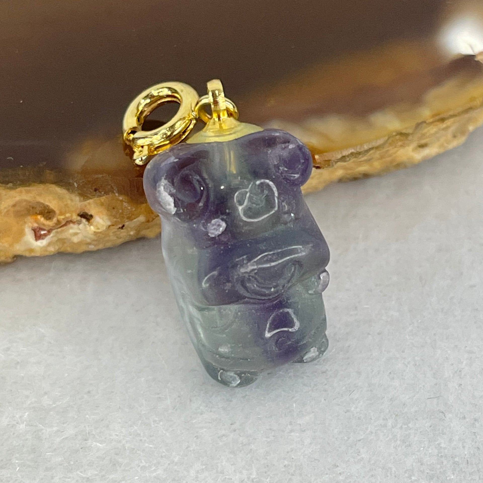 Natural Purple and Green Fluorite Ox Charm Pendant 3.51g 17.2 by 11.0 by 8.6mm - Huangs Jadeite and Jewelry Pte Ltd