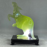 Natural Green Serpentine Kangaroo and Baby with Wooden Stand Display 374.2g 108.0 by 150.0 by 72.0mm - Huangs Jadeite and Jewelry Pte Ltd