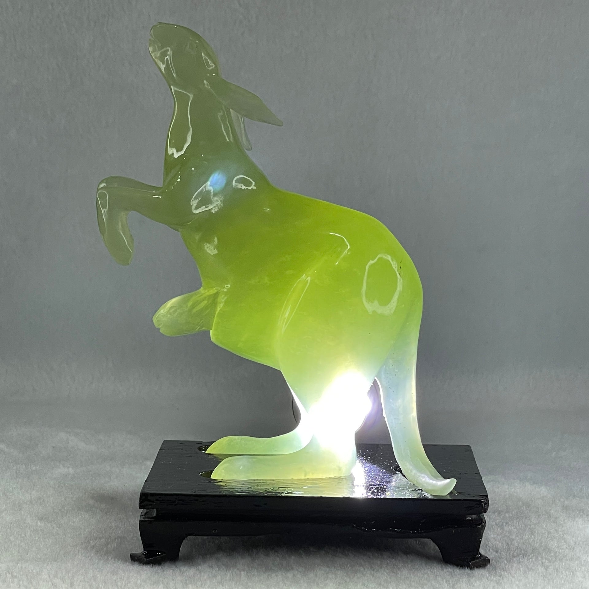 Natural Green Serpentine Kangaroo and Baby with Wooden Stand Display 374.2g 108.0 by 150.0 by 72.0mm - Huangs Jadeite and Jewelry Pte Ltd