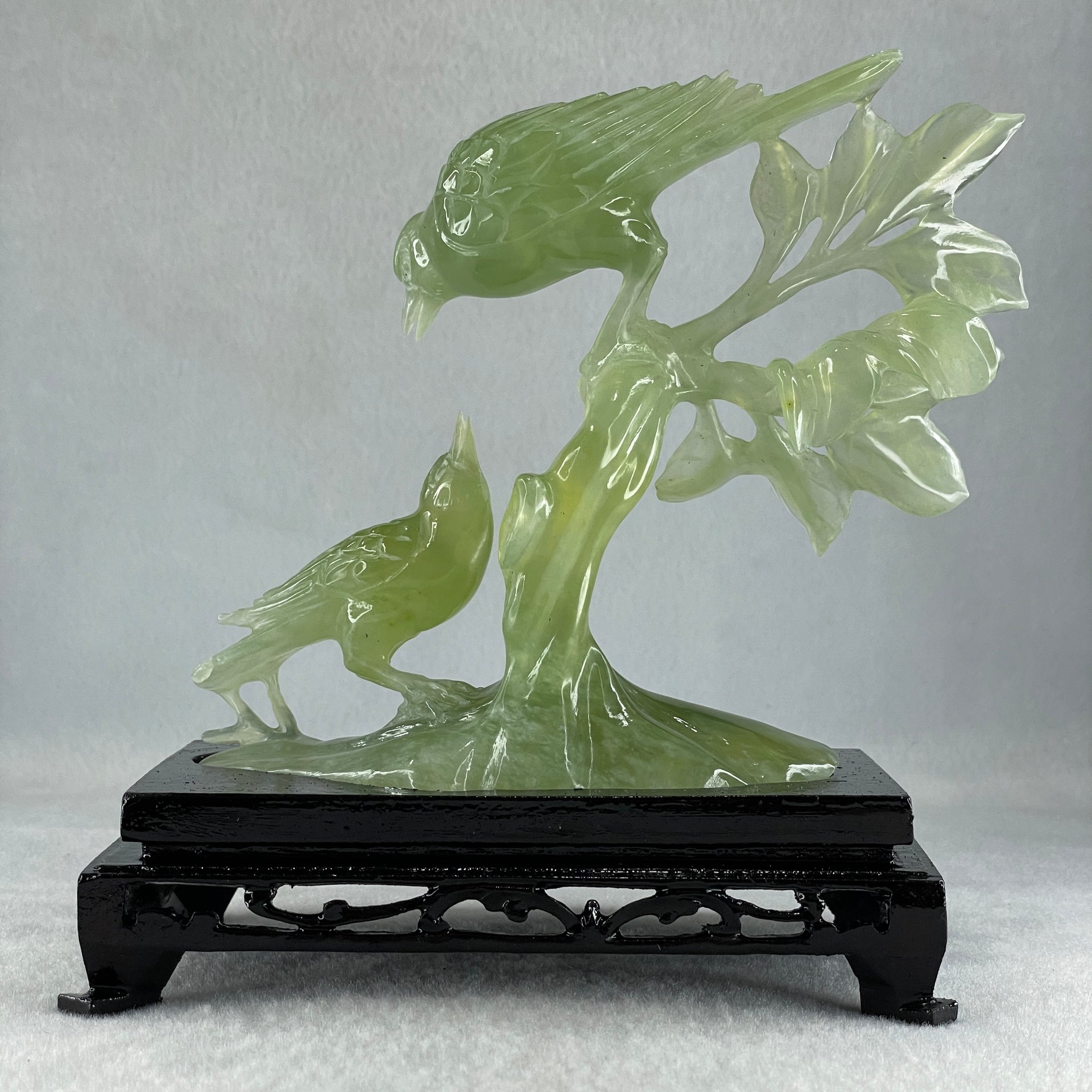Natural Green Serpentine Double Birds on Tree with Wooden Stand Display 322.6g 74.0 by 155.0 by 75.8mm - Huangs Jadeite and Jewelry Pte Ltd