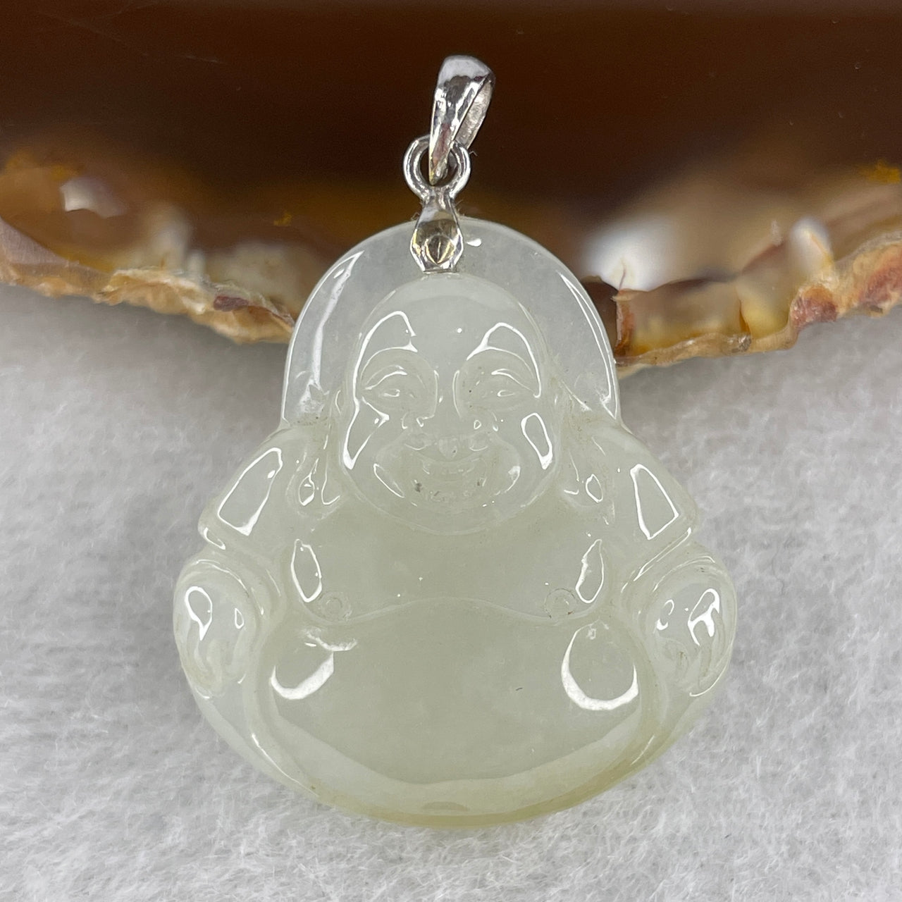 Natural Type A Faint Yellowish to Colorless Jadeite Milo Laughing Buddha with 18K White Gold Clasp Pendant 9.25g 28.3 by 25.9 by 7.3mm