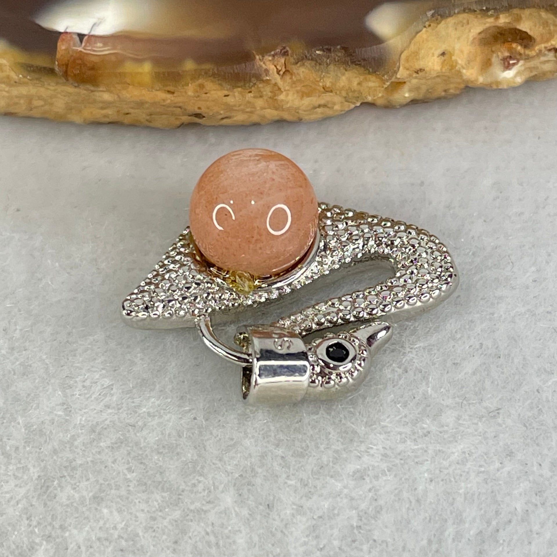 Natural Sunstone Bead with Crystals in S925 Sliver Swan Charm 3.27g 7.7mm - Huangs Jadeite and Jewelry Pte Ltd