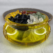 Yellow Liuli Wealth Pot with Five Element Crystal Fragment (Clear Quartz, Black Obsidian, Red Jasper, Citrine, Serpentine) Display Total Weight 702.75g 99.1 by 50.8mm - Huangs Jadeite and Jewelry Pte Ltd