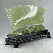 Natural Icy Light Green Serpentine Shan Shui with Gui ren Benefactor on Boat with Twin Birds with Wooden Stand Display 695.1g 242.0 by 164.0 by 83.0mm - Huangs Jadeite and Jewelry Pte Ltd