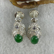 Type A Natural Full Old Mine Spicy Green Jadeite Cabochon 8.8 by 6.7 by 4.0mm Stone for Setting 20.97g (On Silver Earrings Mold) - Huangs Jadeite and Jewelry Pte Ltd