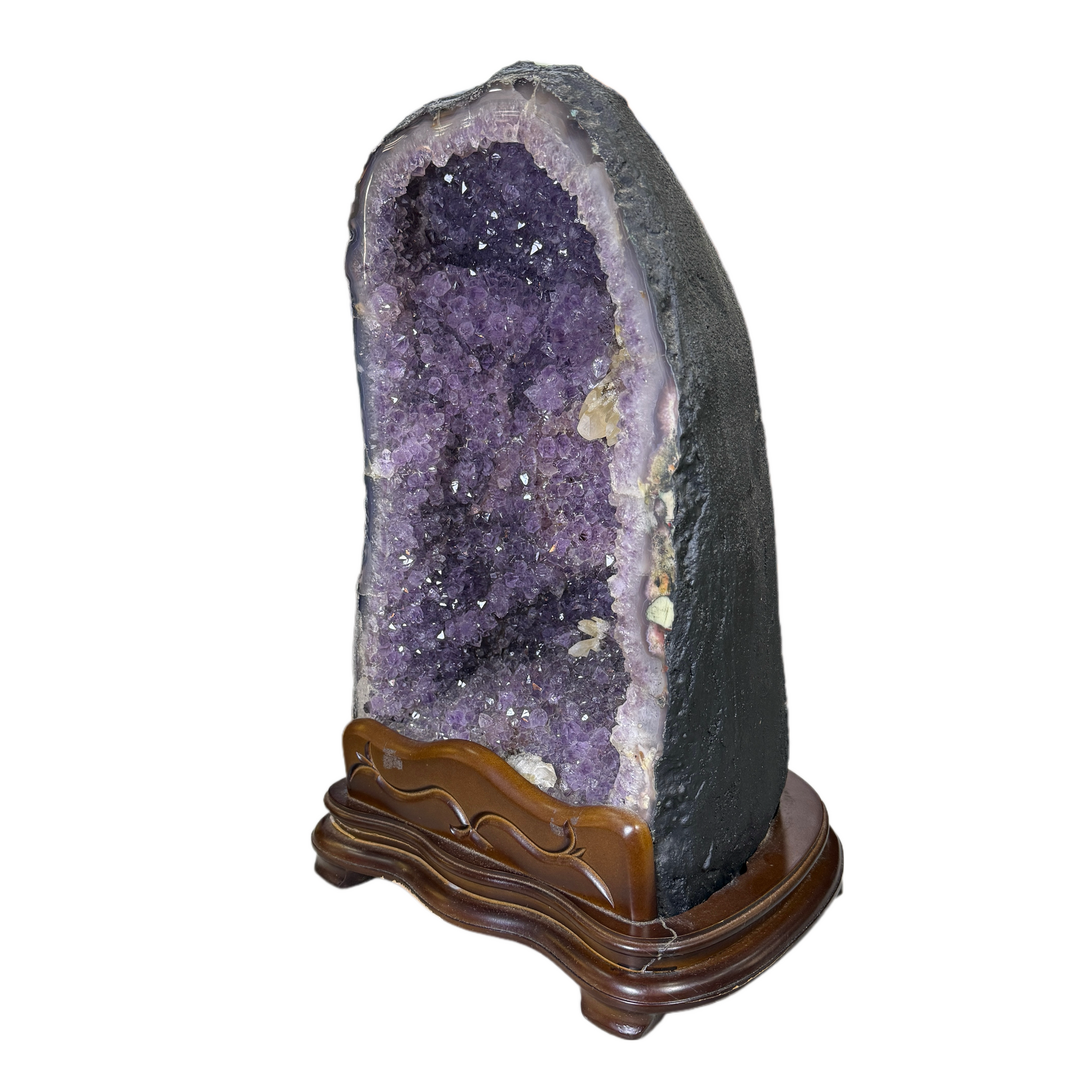 Natural Brazil Triangular Shape Amethyst with White Calcite and  Cacoxenite Cave 24.119,6g 310.0 by 275.0 by 460.0mm - Huangs Jadeite and Jewelry Pte Ltd