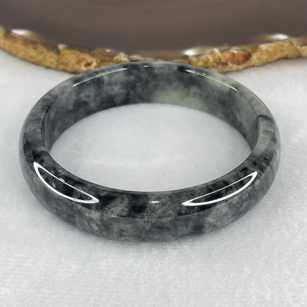 Certified Natural Type A Wuji Grey with Light Green Spot Jadeite Bangle 53.527g Internal Diameter 57.7mm 14.2 by 7.4mm (Very Slight Internal Lines) - Huangs Jadeite and Jewelry Pte Ltd