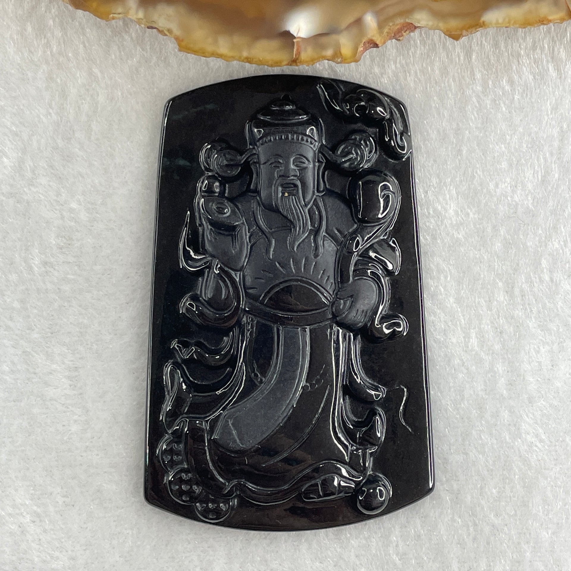 Type A Opaque to Partial Translucent Black Omphacite Jadeite Cai Shen Ye God of Fortune Pendant 26.80g 62.8 by 40.0 by 7.5mm - Huangs Jadeite and Jewelry Pte Ltd
