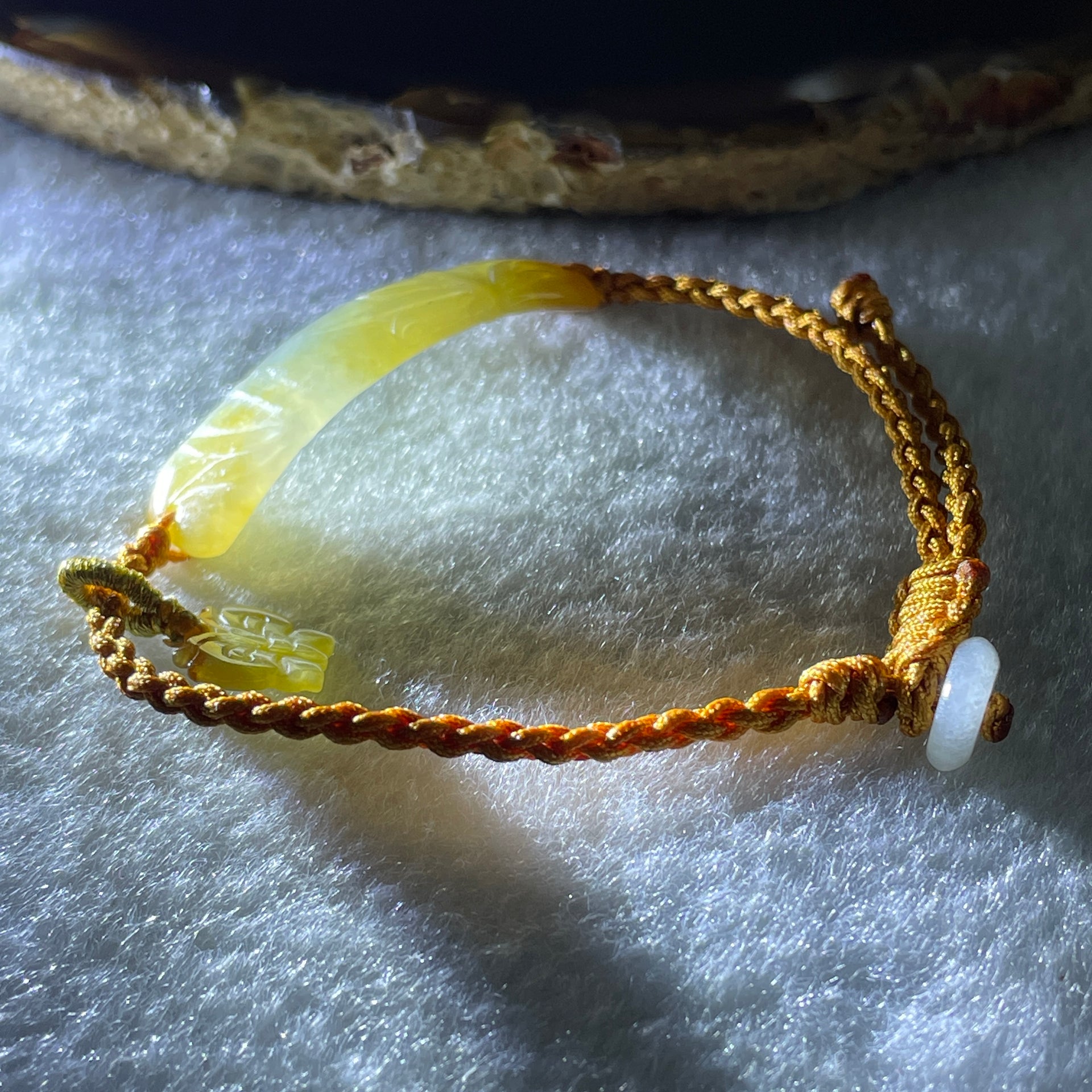 Natural Type A Yellowish with Light Green Jadeite Bamboo with Butterfly in String Bracelet 3.97g 14-16cm 39.1 by 9.1 by 2.9mm - Huangs Jadeite and Jewelry Pte Ltd