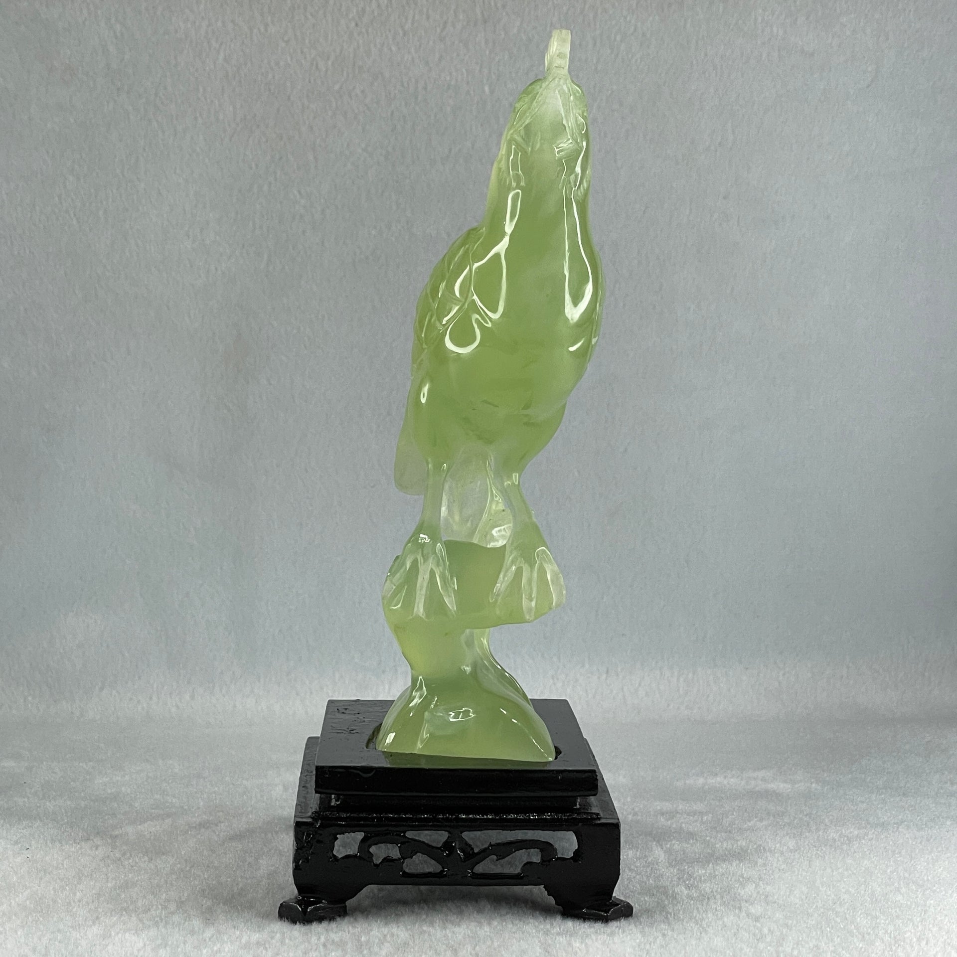 Natural Green Serpentine Javan Mynah Birds on Tree with Wooden Stand Display 375.6g 112.0 by 188.0 by 66.0mm - Huangs Jadeite and Jewelry Pte Ltd