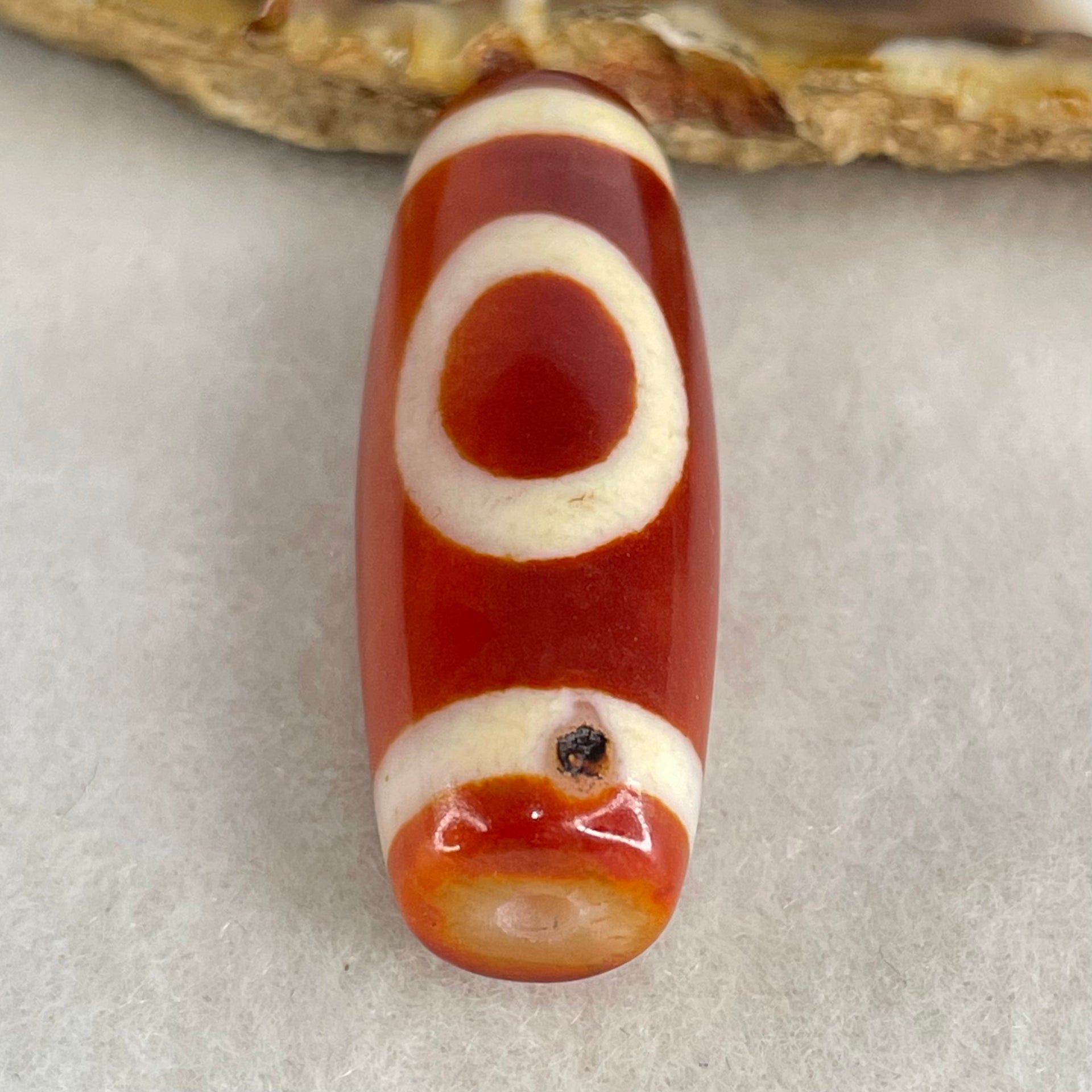 Natural Powerful Tibetan Old Oily Red White Agate One Eye Wood Element Dzi Bead Heavenly Master (Tian Zhu) 一眼木元素天珠 11.06g 38.2 by 13.6mm - Huangs Jadeite and Jewelry Pte Ltd