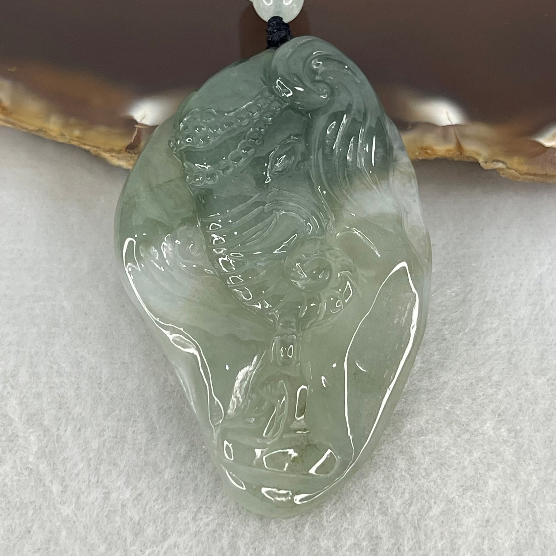 Type A Semi Icy Blueish Green  Jadeite Guan Yin and Elephant Samantabhadra Bodhisattva Pendant 21.65g 51.8 by 33.7 by 7.9mm - Huangs Jadeite and Jewelry Pte Ltd