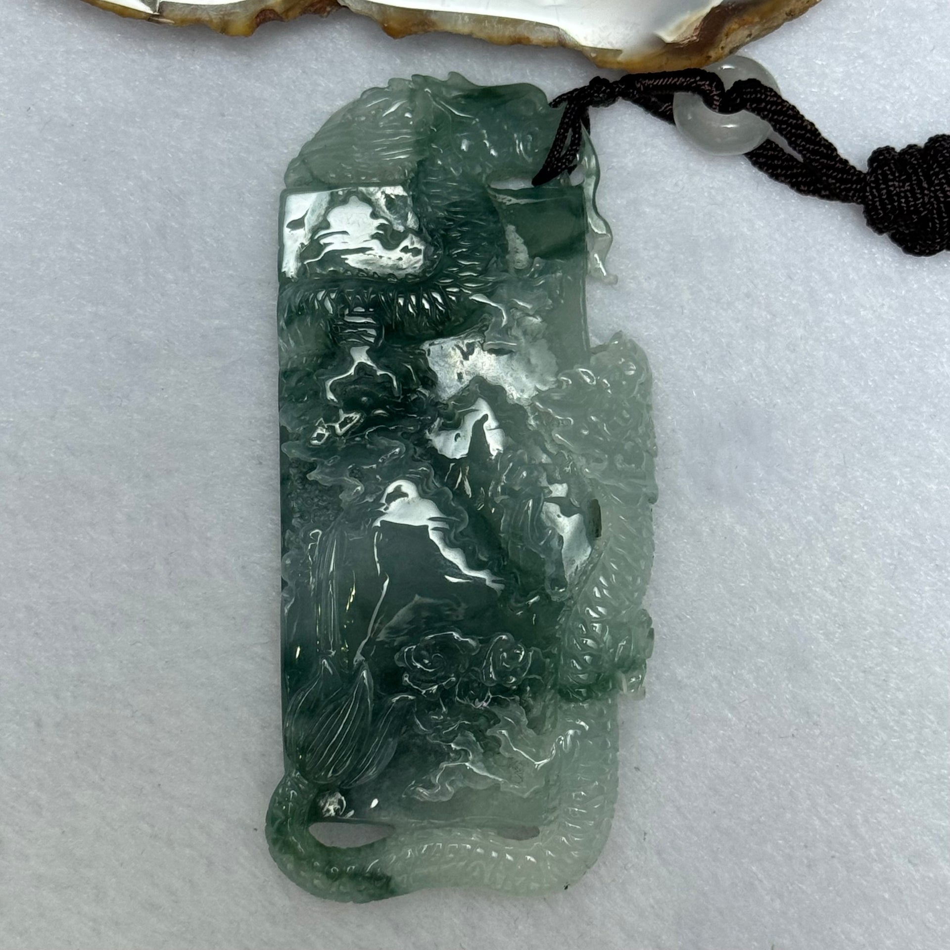 Grandmaster Certified Type A ICY Light Green Lavender and Blueish Green Piao Hua Jadeite Dragon Shan Shui Pendent 55.70g 75.6 by 34.8 by 10.8mm - Huangs Jadeite and Jewelry Pte Ltd