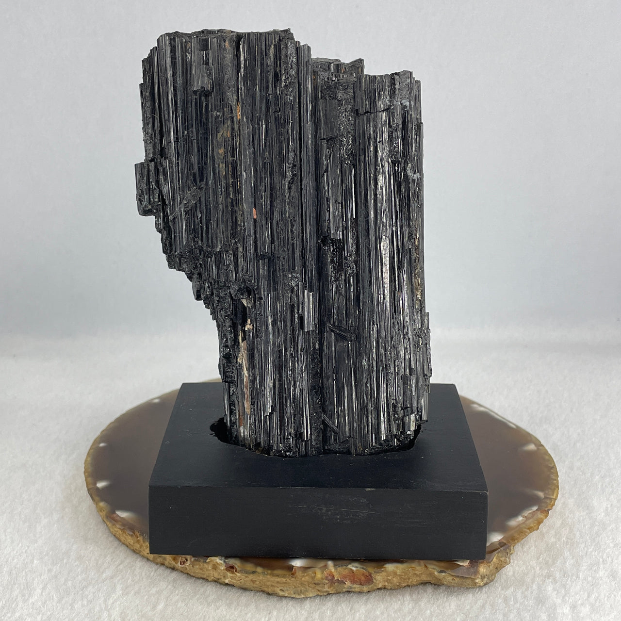 Natural Black Tourmaline Display with Wooden Stand 849.37g 94.6 by 74.8 by 135.0mm - Huangs Jadeite and Jewelry Pte Ltd
