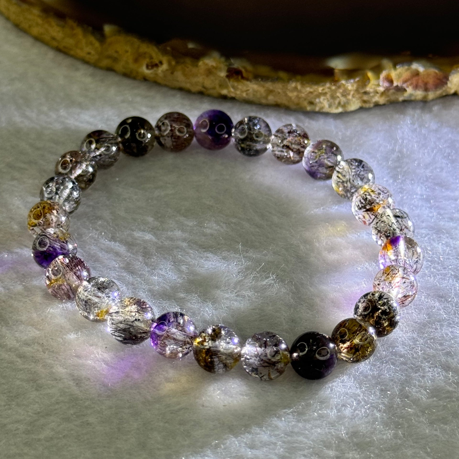 Rare Very Good Grade Natural Transparent Yellowish Black Super 7 Beads Bracelet 非常好的等级天然透明深黄黑色超级七珠手链 12.70g 14.5cm 7.3mm 25 Beads - Huangs Jadeite and Jewelry Pte Ltd