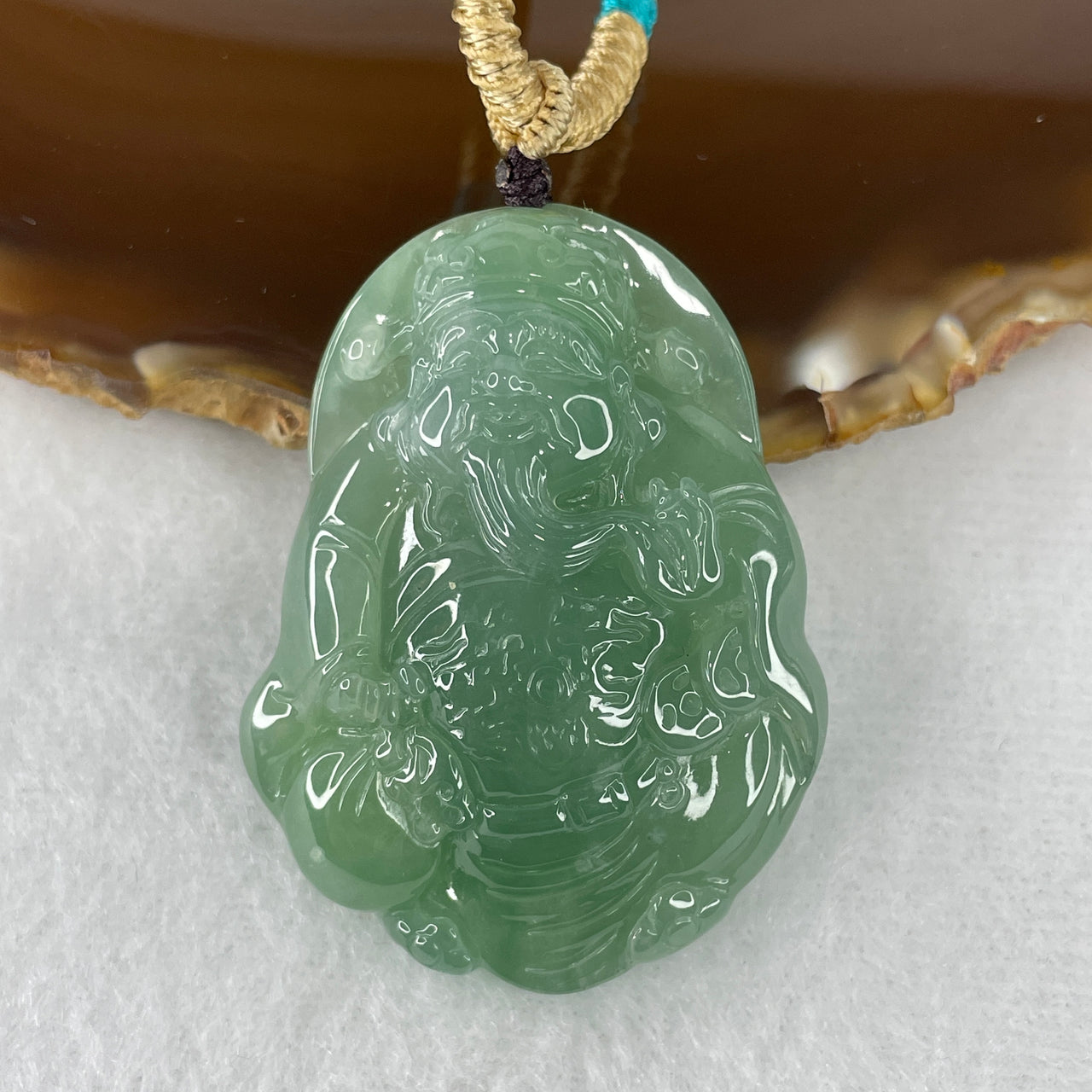 Certified Type A Jelly Blueish-Green Jadeite Cai Shen Pendant | Ultra-Translucent Liquid-Glass God of Wealth Sculpture | 100% Natural Grade A Fei Cui Masterpiece (35.60g | 46.8x35.7x11.2mm)