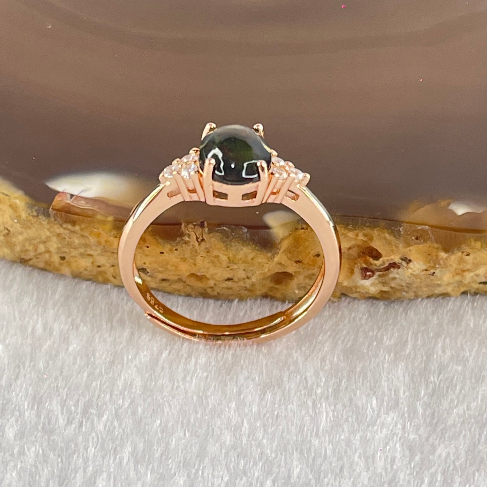 Natural Black Opal in S925 Sliver Rose Gold Color Ring (Adjustable Ring) 1.70g 7.9 by 5.9 by 4.0mm - Huangs Jadeite and Jewelry Pte Ltd