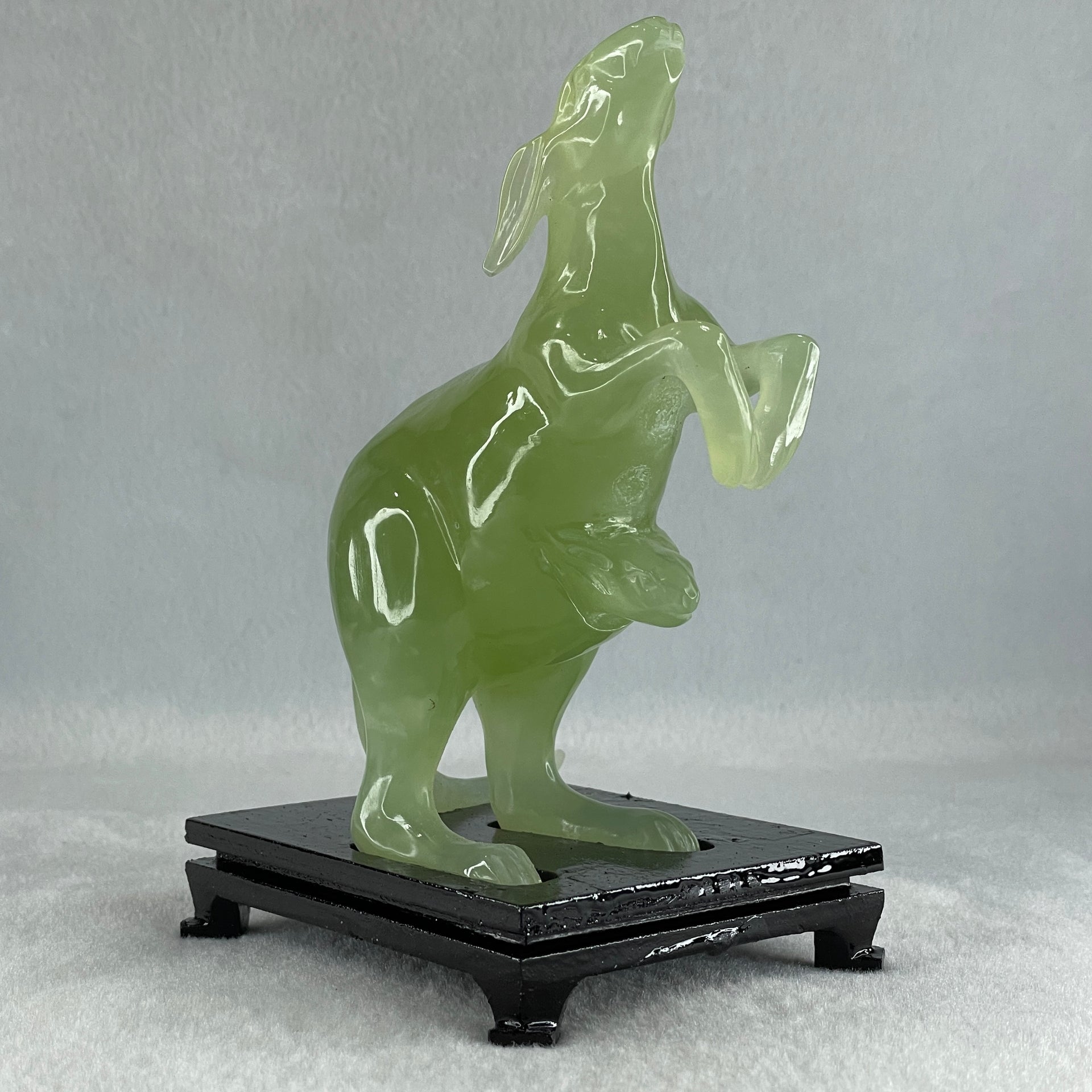Natural Green Serpentine Kangaroo and Baby with Wooden Stand Display 374.2g 108.0 by 150.0 by 72.0mm - Huangs Jadeite and Jewelry Pte Ltd