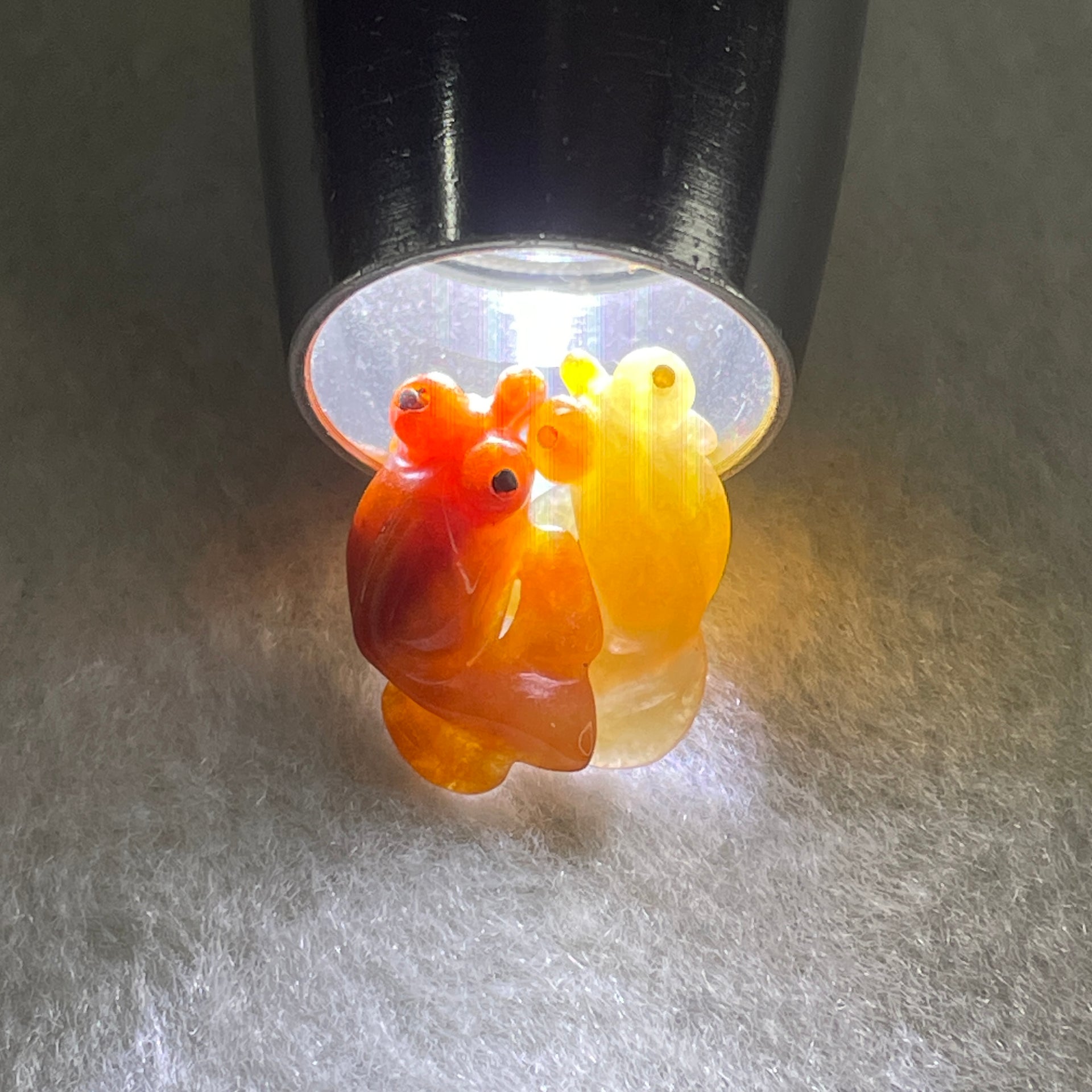 Natural Type A Yellow and Red Jadeite Pair Gold Fish Charm each 0.97g 16.9 by 9.4 by 5.5mm and 1.21g 17.0 by 9.8 by 5.7mm - Huangs Jadeite and Jewelry Pte Ltd