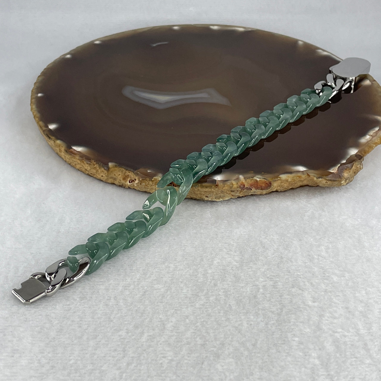 Certified Natural Type A Icy Blueish Green Jadeite Cuban Tennis Bracelet with Sliver Color Clasp 26.35g Up to 18cm 11.7 by 3.5mm 16 Pcs