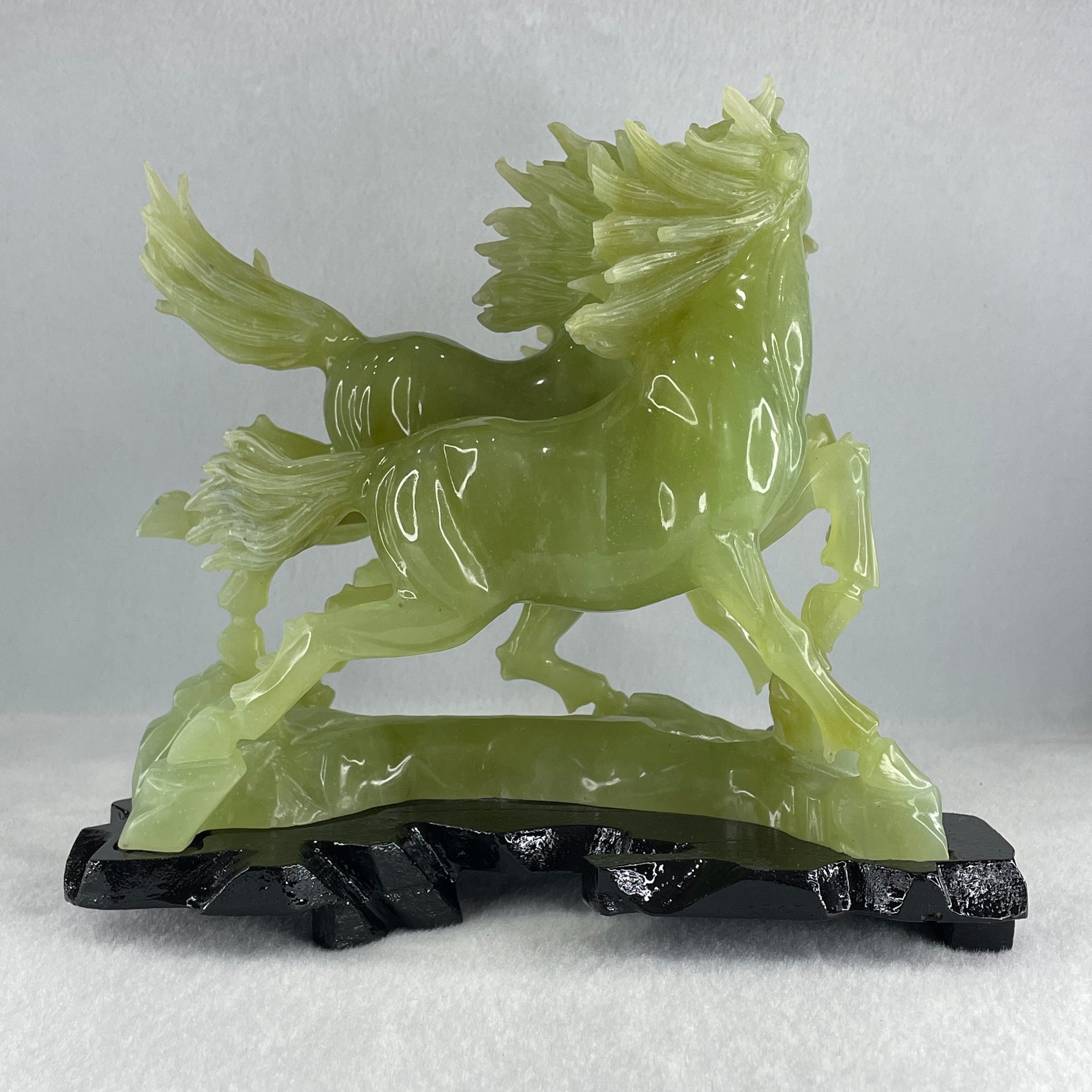 Natural Yellowish Green Serpentine 3 Victory Horse with Wooden Stand Display 1,929.3g 198.0 r we by 166.0 by 200.0mm - Huangs Jadeite and Jewelry Pte Ltd