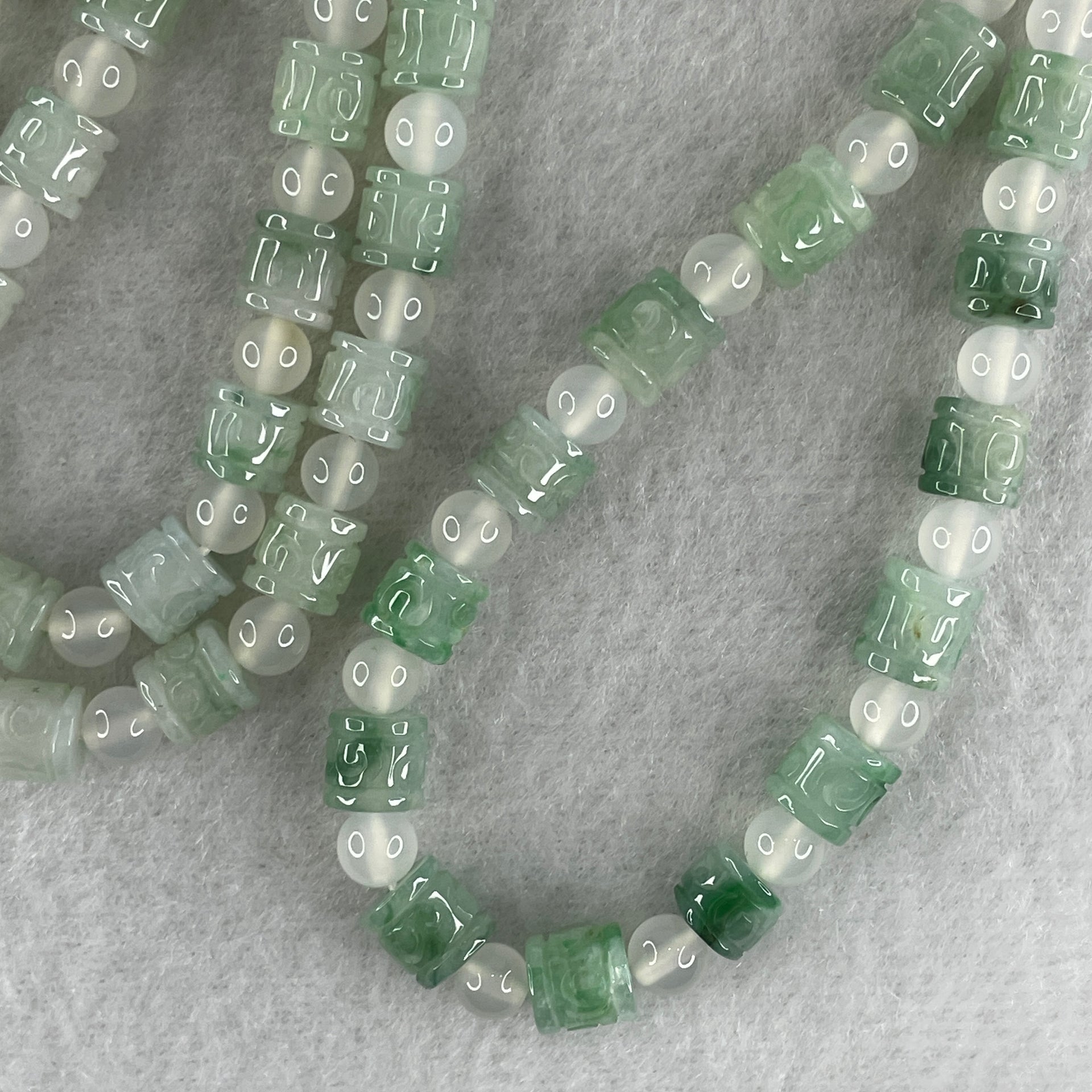 Certified Natural Type A Light Green Jadeite Lulutong Beads with Natural White Agate Beads Necklace 55.36g 74cm 6.6mm 62 Lulutong - Huangs Jadeite and Jewelry Pte Ltd