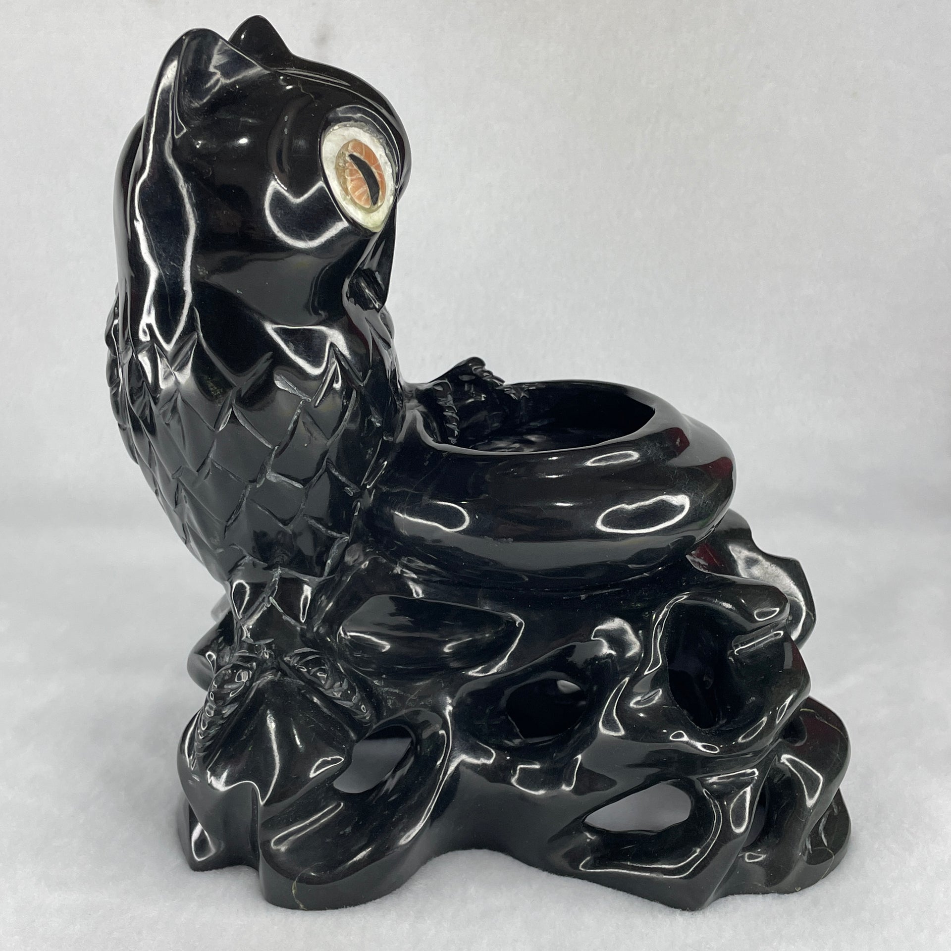 Natural Black Serpentine Owl Stand on Pot Display 2,173.5g 170.0 by 155.0 by 180.0mm - Huangs Jadeite and Jewelry Pte Ltd