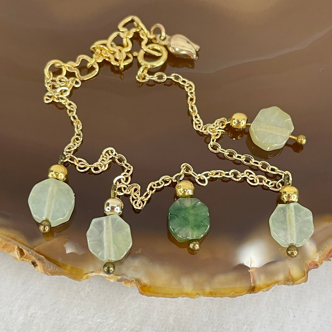 Type A Green Jadeite Flower Charm with Gold Color Bracelet 2.75g 6.5 by 2.9mm 5pcs - Huangs Jadeite and Jewelry Pte Ltd