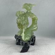 Natural Green Serpentine Magpie Bird with Cricket on Grape with Wooden Stand Display 1,042.7g L195.0 by B105.0 by H180.0 mm - Huangs Jadeite and Jewelry Pte Ltd