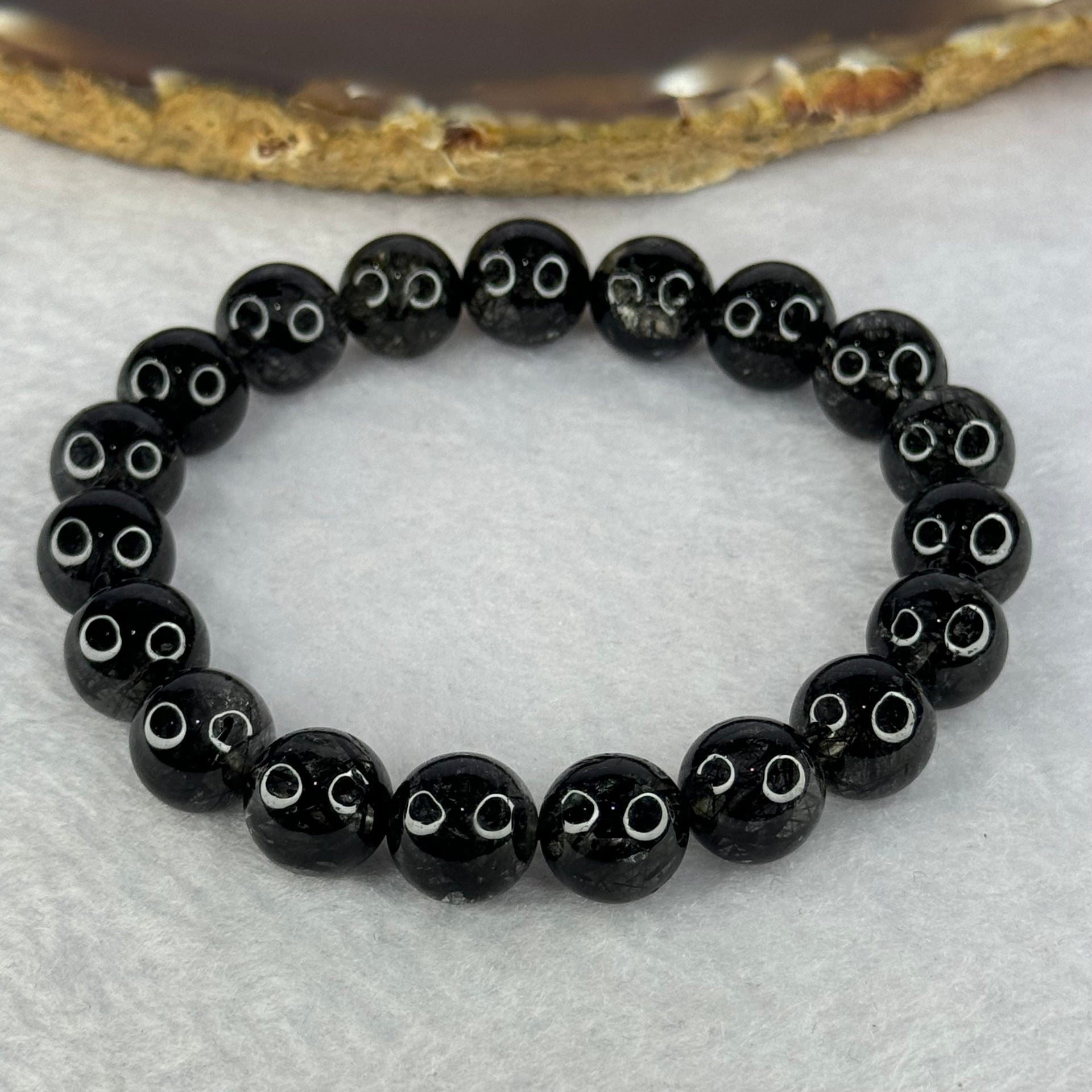 Natural Black Rutilated Quartz Beads Bracelet 天然黑发水晶手链 28.09g 16cm 10.4mm 19 Beads - Huangs Jadeite and Jewelry Pte Ltd