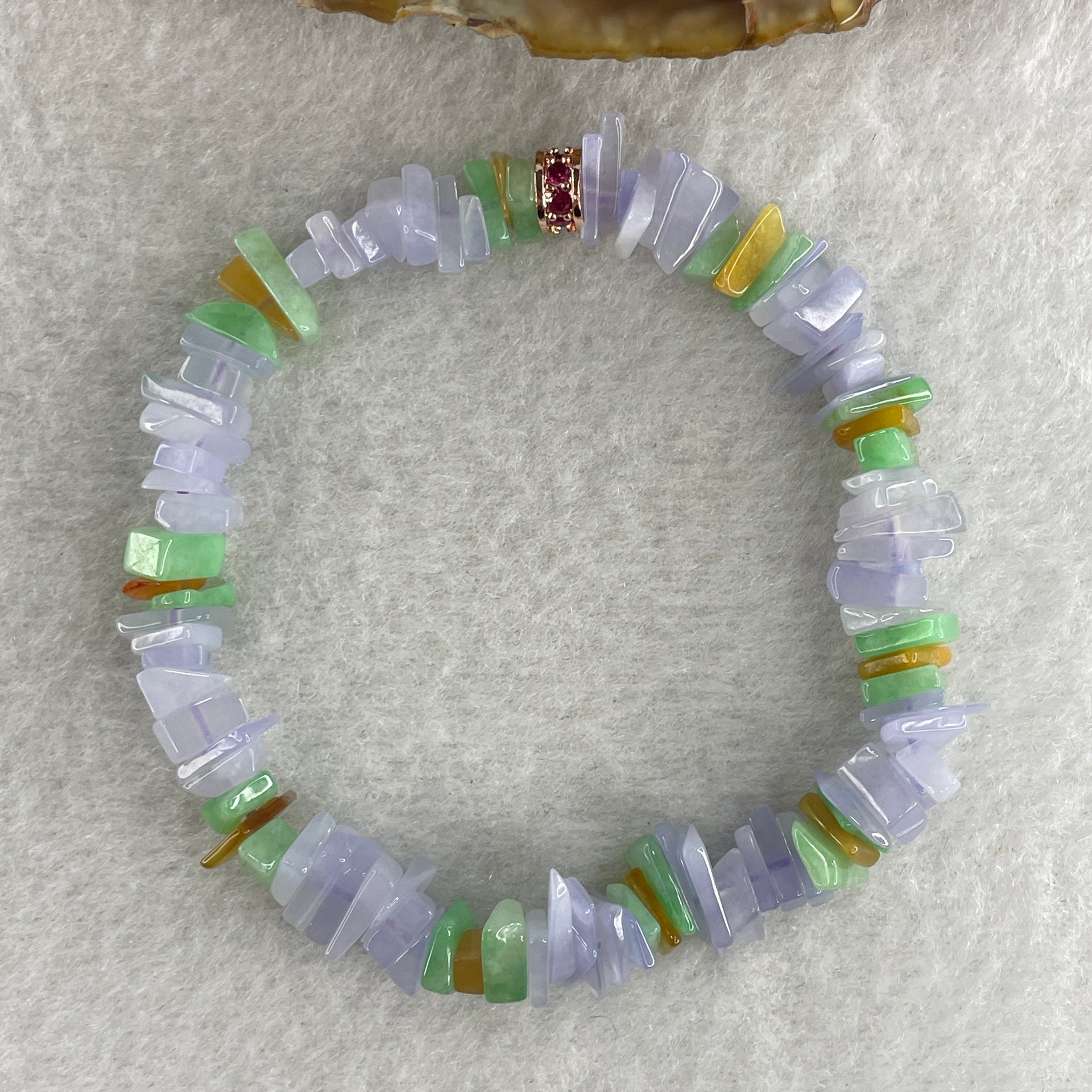 Natural Type A Lavender with Green Yellow Jadeite Irregular Bracelet 14.36g 14cm 8.2mm 94 Pcs - Huangs Jadeite and Jewelry Pte Ltd