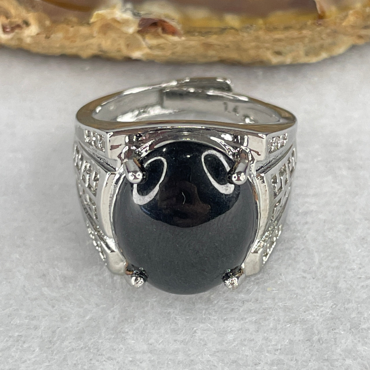 Natural Type A Opaque Black Omphacite Jadeite Bead Ring 8.84g 16.6 by 12.8 by 5.0mm (Adjustable Size)