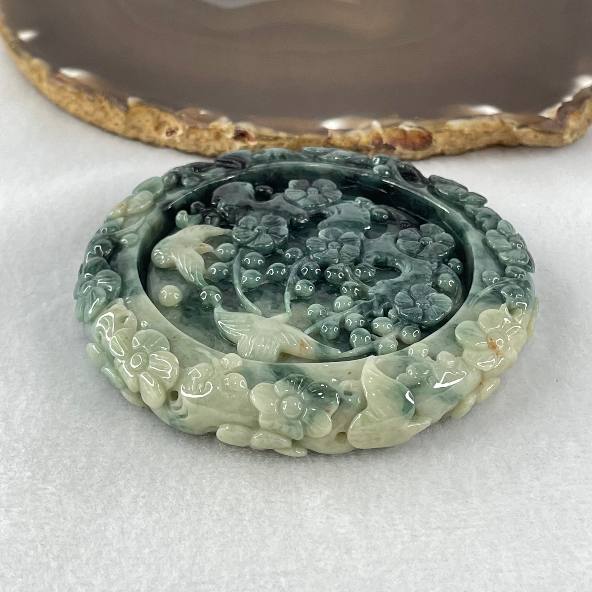 Type A Demin Blue with Light Blueish Green Jadeite Twin Birds with Prosperity Flowers Bangle Inner Diameter 57.4mm 12.4 by 11.9mm and Pendant 55.3 by 13.1mm Total Weight 156.22g - Huangs Jadeite and Jewelry Pte Ltd
