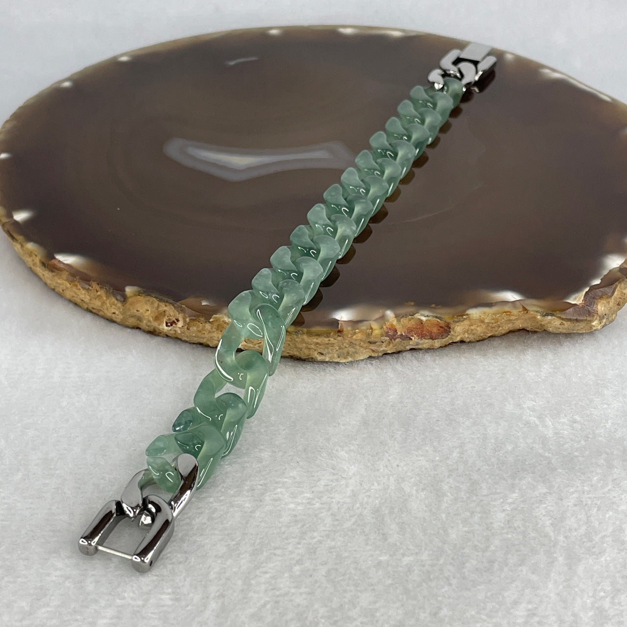 Certified Natural Type A Icy Blueish Green Jadeite Cuban Tennis Bracelet with Stainless Steel Clasp 21.61g Up to 17cm 11.7 by 3.4mm 16 Pcs