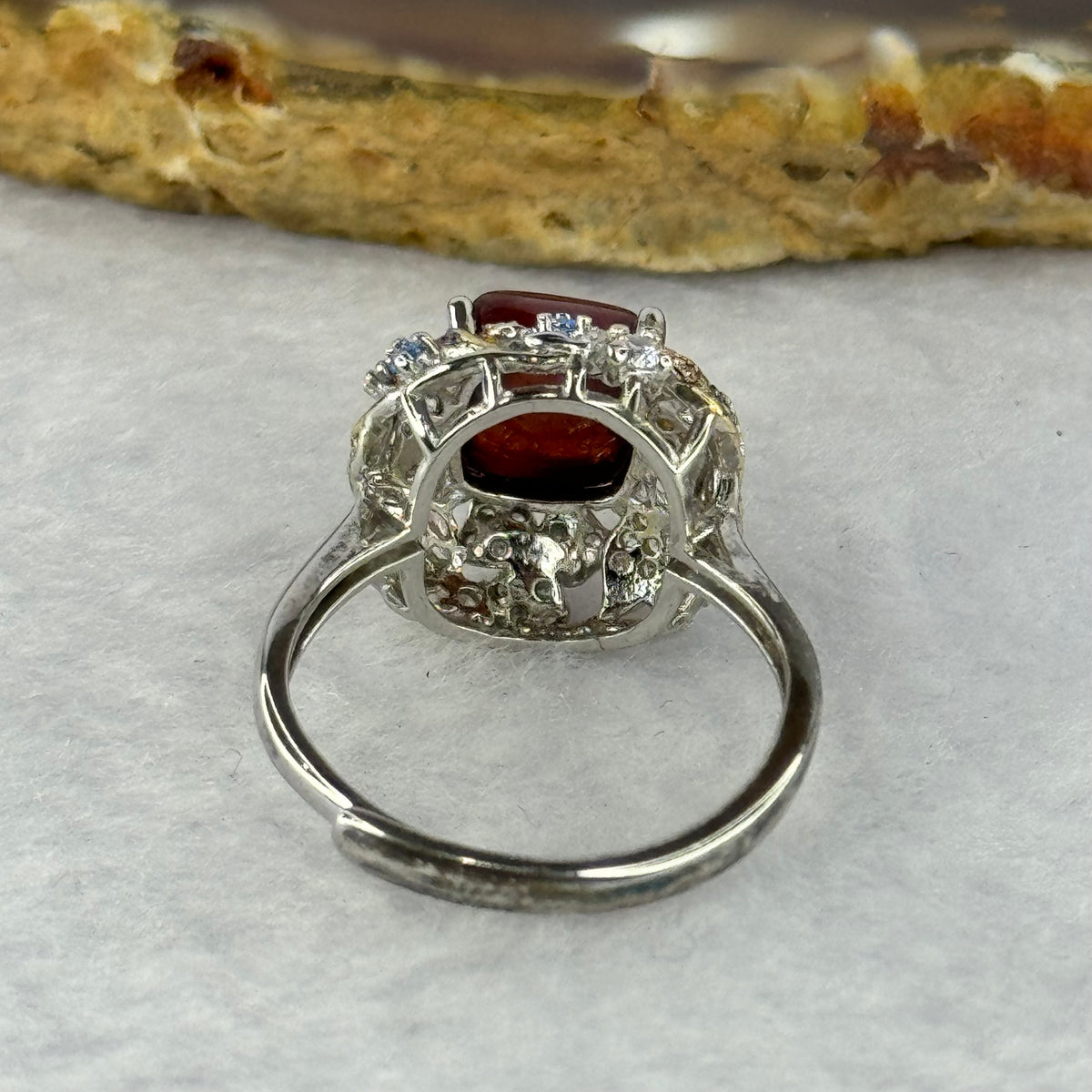 Natural Red Carnelian Agate with Crystals In 925 Sliver Ring (Adjustable Size) 3.89g 8.0 by 8.0 by 6.5mm - Huangs Jadeite and Jewelry Pte Ltd