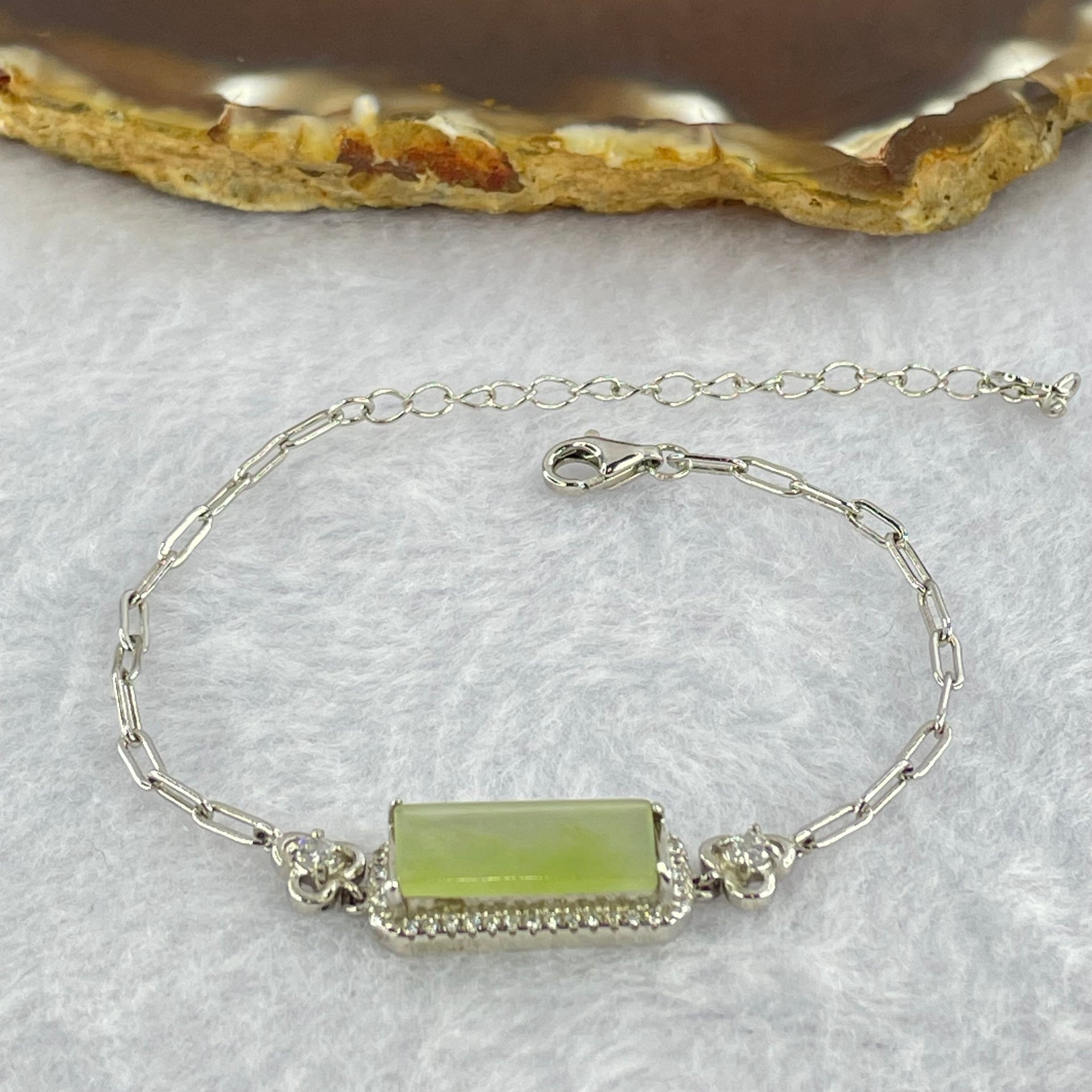 Type A Icy Green Jadeite Mini Rectangle Wu Shi Pai with Crystals in S925 Sliver Bracelet 4.18g 14.8 by 7.0 by 1.6mm - Huangs Jadeite and Jewelry Pte Ltd