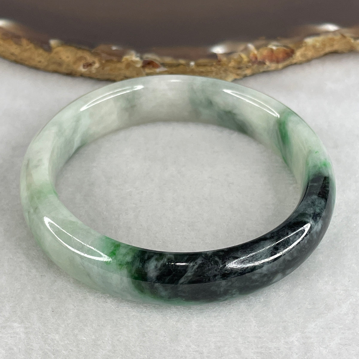 Natural Type A Jadeite Bangle | Light Green with Dark & Apple Green Piao Hua (47.42g | 53.6mm Inner Diameter | 12.4 x 8.0mm) (Slight Internal Line)