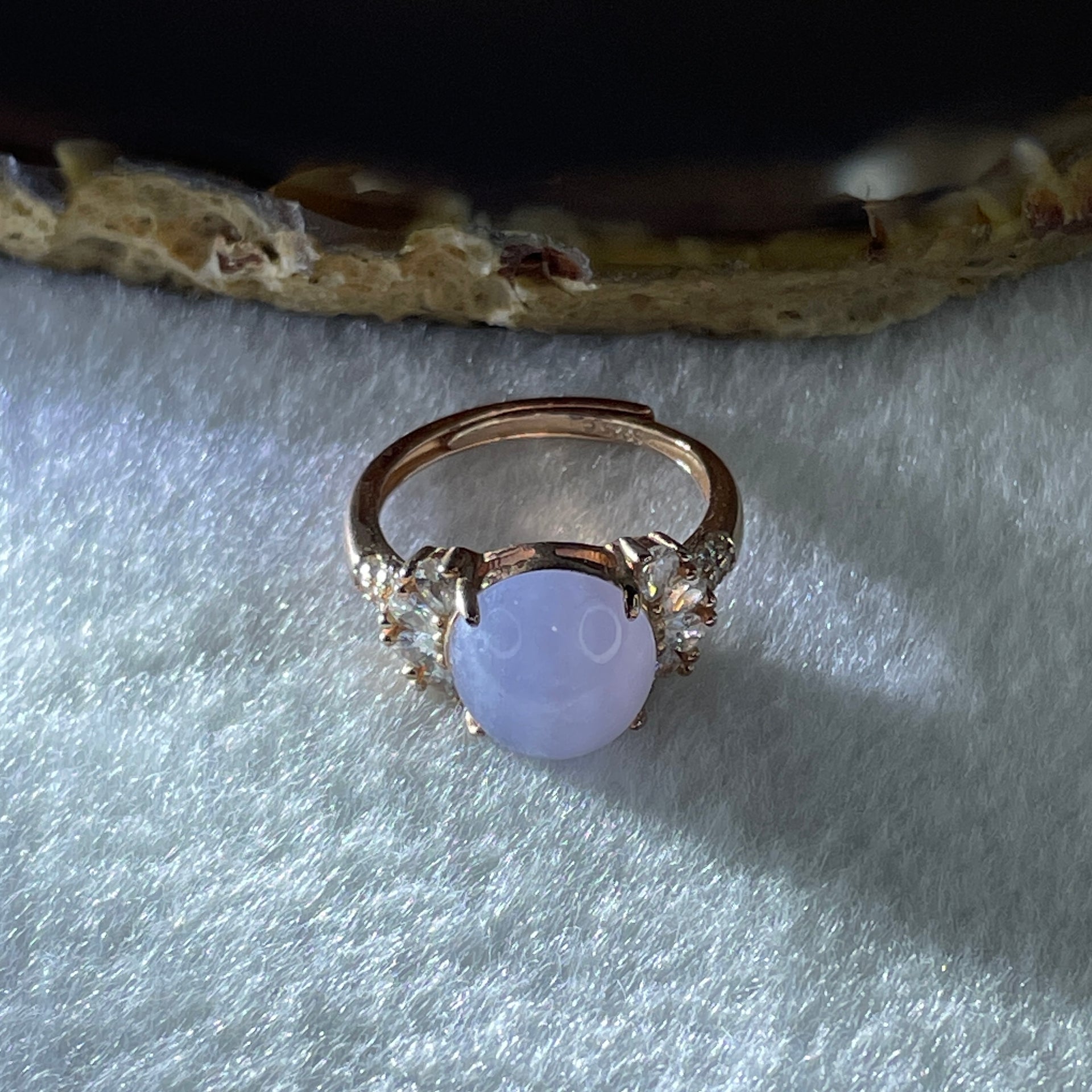 Certified Natural Type A Lavender Jadeite Round Shape Cabouchon with Cubic Zirconia in S925 Rose Gold Coler Silver Ring (Adjustable Size) 3.908g 10.3 by 9.7 by 6.0mm - Huangs Jadeite and Jewelry Pte Ltd