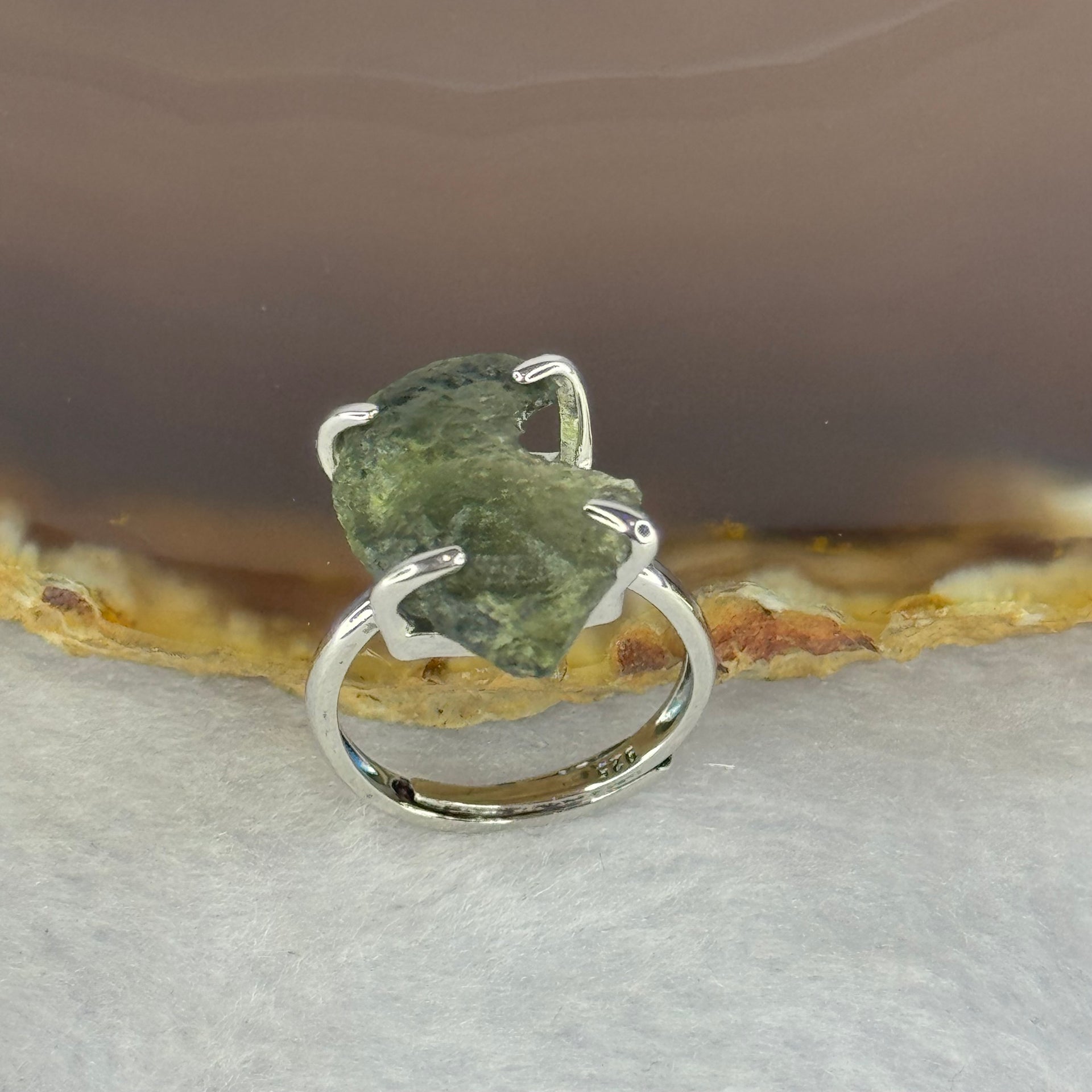 Natural Czech Republic Moldavite Meteorite Crystal in S925 Sliver Ring (Adjustable Size) 天然捷克陨石925银戒指 3.81g 18.3 by 12.9 by 4.5mm - Huangs Jadeite and Jewelry Pte Ltd