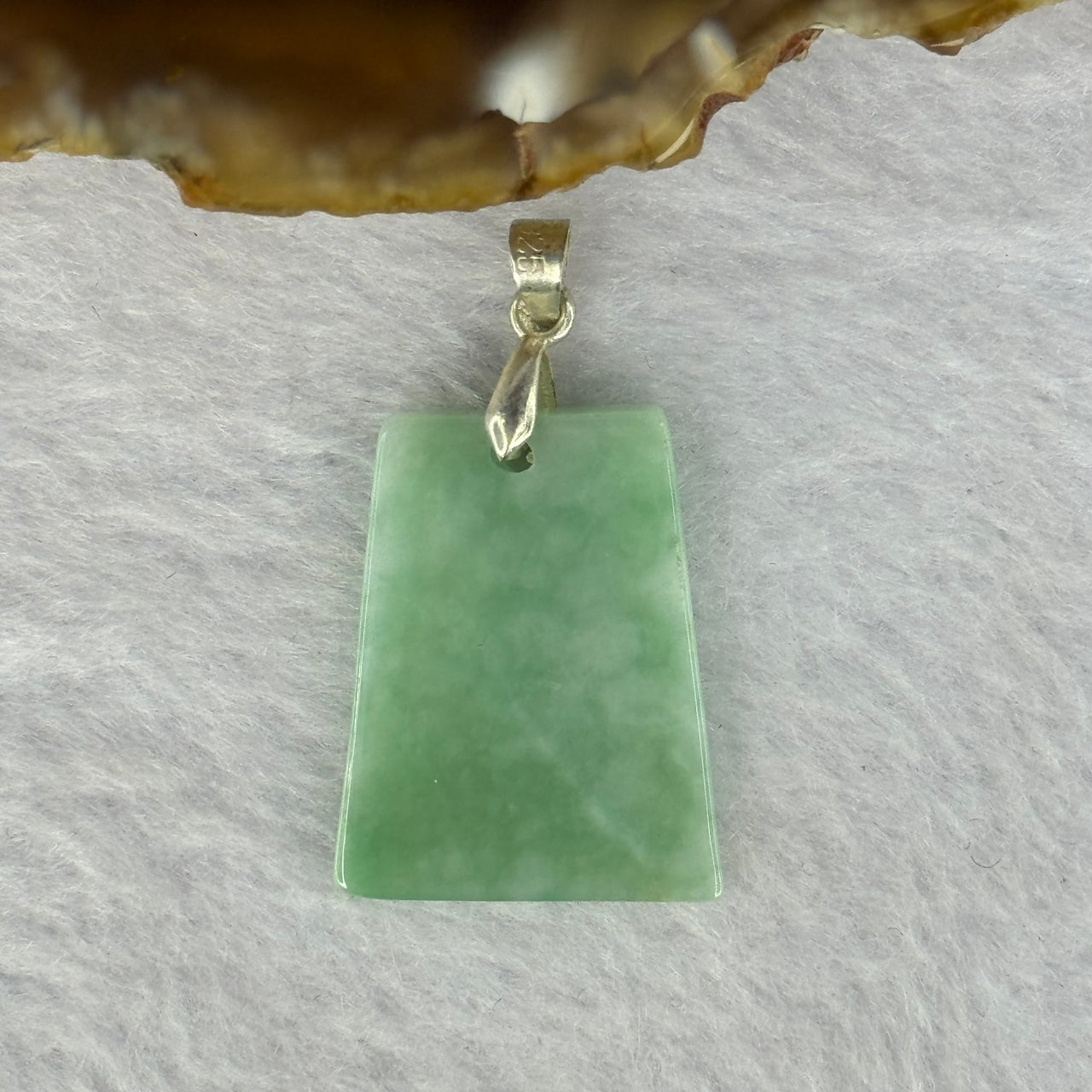 Type A Green Jadeite Wu Shi Pai in S925 Silver Clasp 3.78g 24.7 by 19.4 by 3.2mm - Huangs Jadeite and Jewelry Pte Ltd