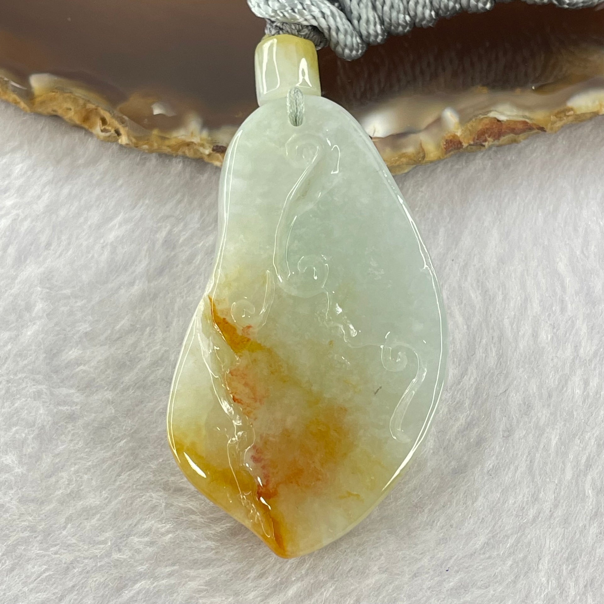 Type A Green  Yellow Lavender Jadeite Guan Yin with Lotus Flower Pendant 35.08g 52.1 by 29.4 by 10.3mm - Huangs Jadeite and Jewelry Pte Ltd