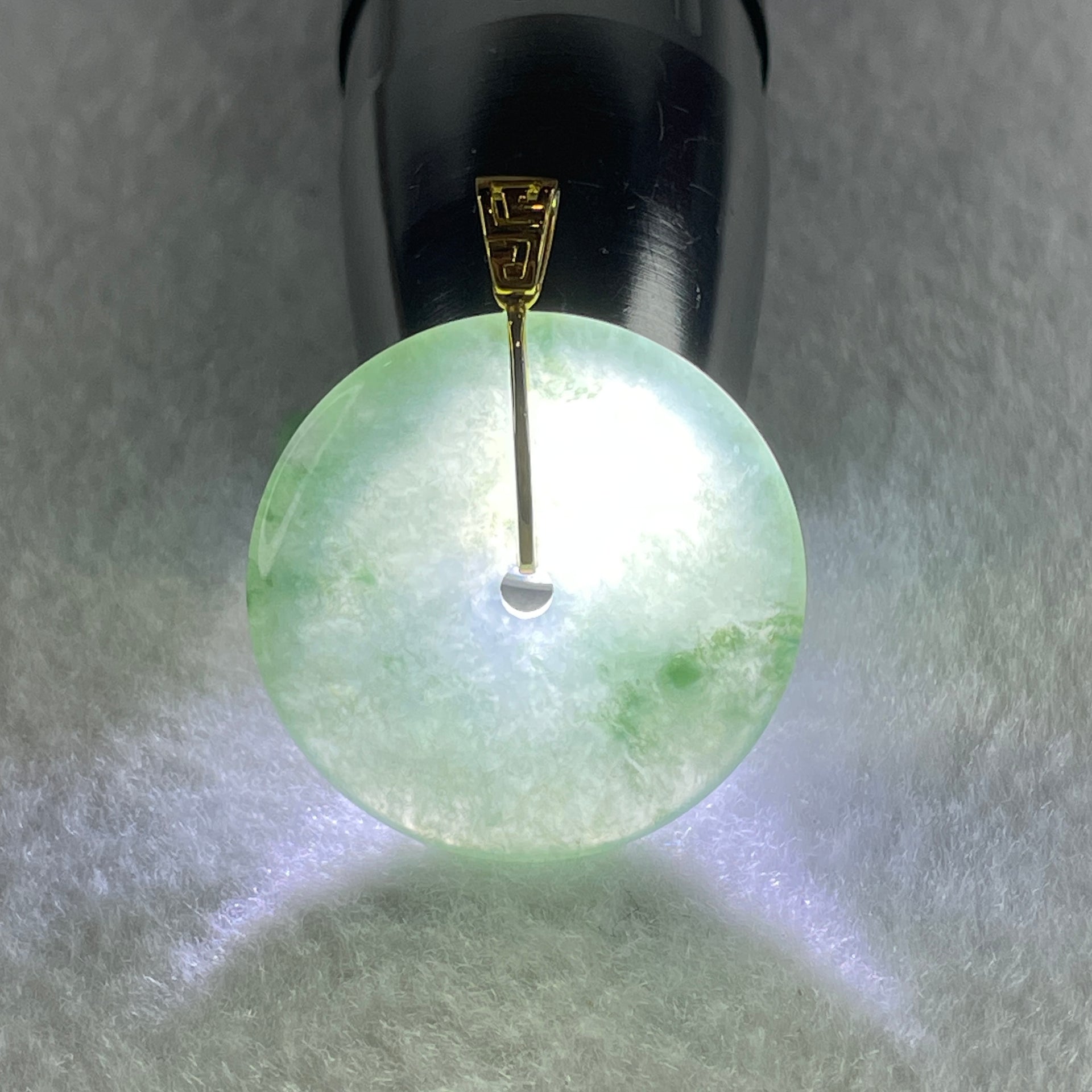 Type A Natural Semi Icy Green with Green Piao Hua Jadeite Ping An Kou Pendant with 18K Yellow Gold Clap 10.67g 30.5 by 5.2mm - Huangs Jadeite and Jewelry Pte Ltd